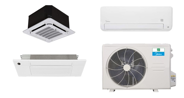 Four types of air conditioning units: ceiling cassette, wall-mounted split system, HVAC ducted unit, and outdoor condenser unit.