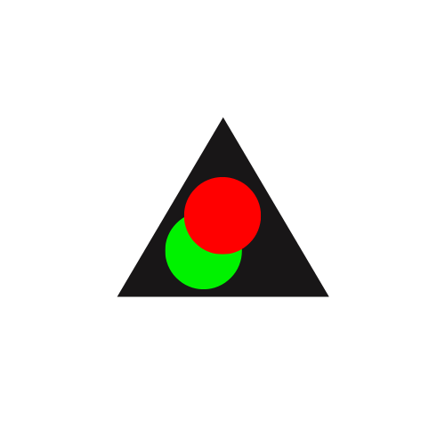 An abstract diagram showing a black triangle with a gray outline, two overlapping circles inside it, one red and one green, with the green circle overlapping the red circle.