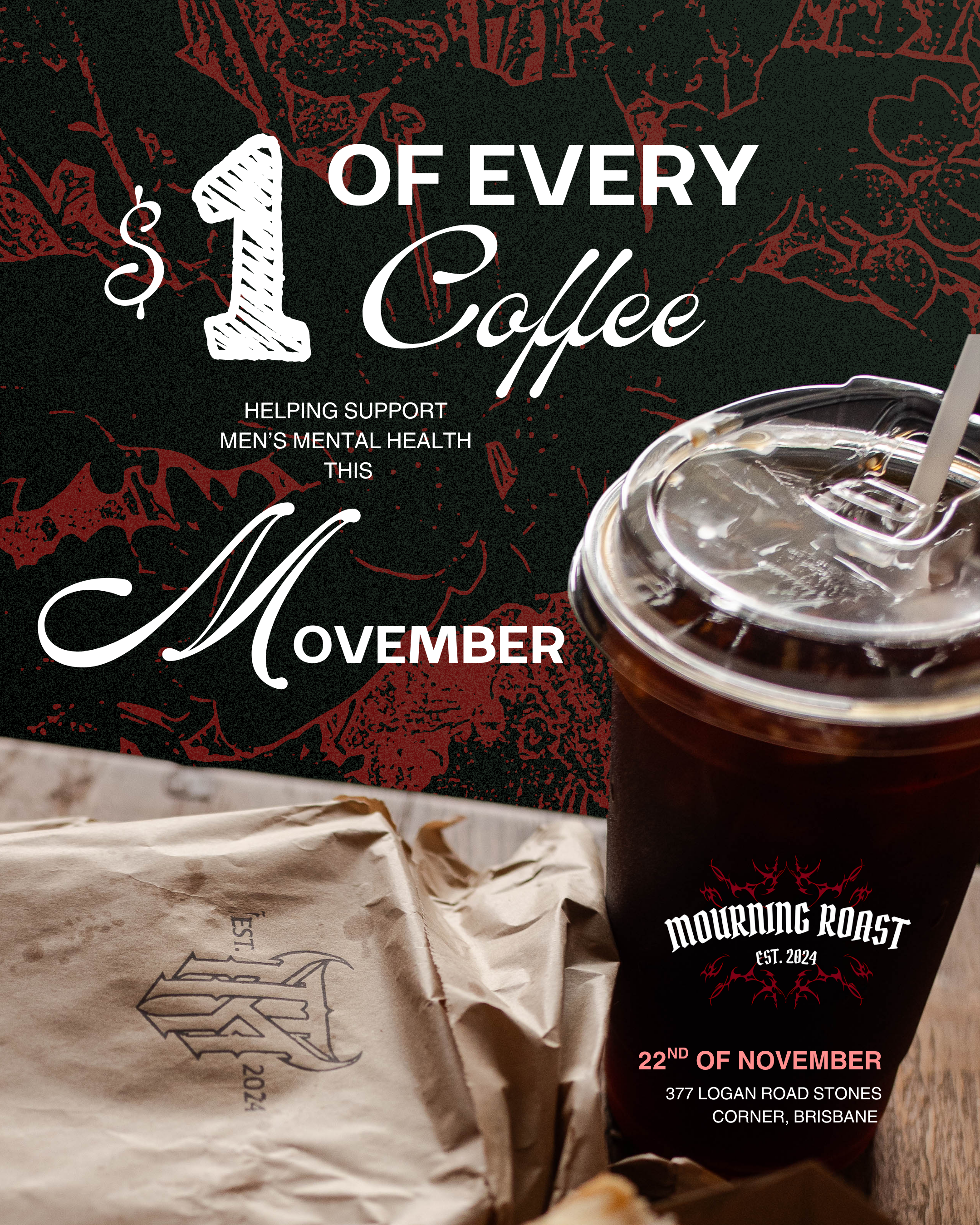 Poster promoting support for men's mental health through coffee purchases, featuring a coffee drink and a wrapped sandwich, with event details for November 22nd at a location in Brisbane.