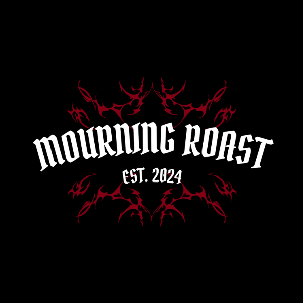 Logo for Mourning Roast, established in 2024, with black background and red decorative elements