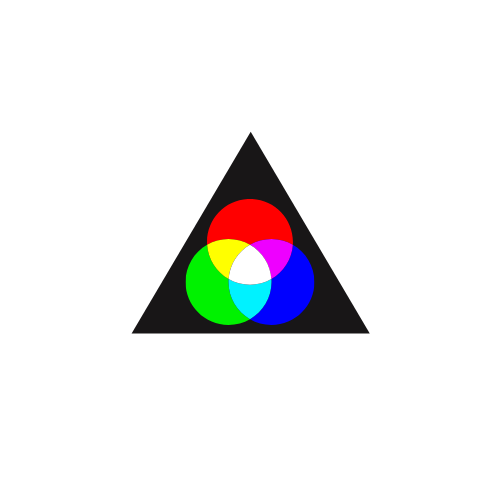 Color theory diagram showing red, yellow, and blue overlapping circles within a black triangle.