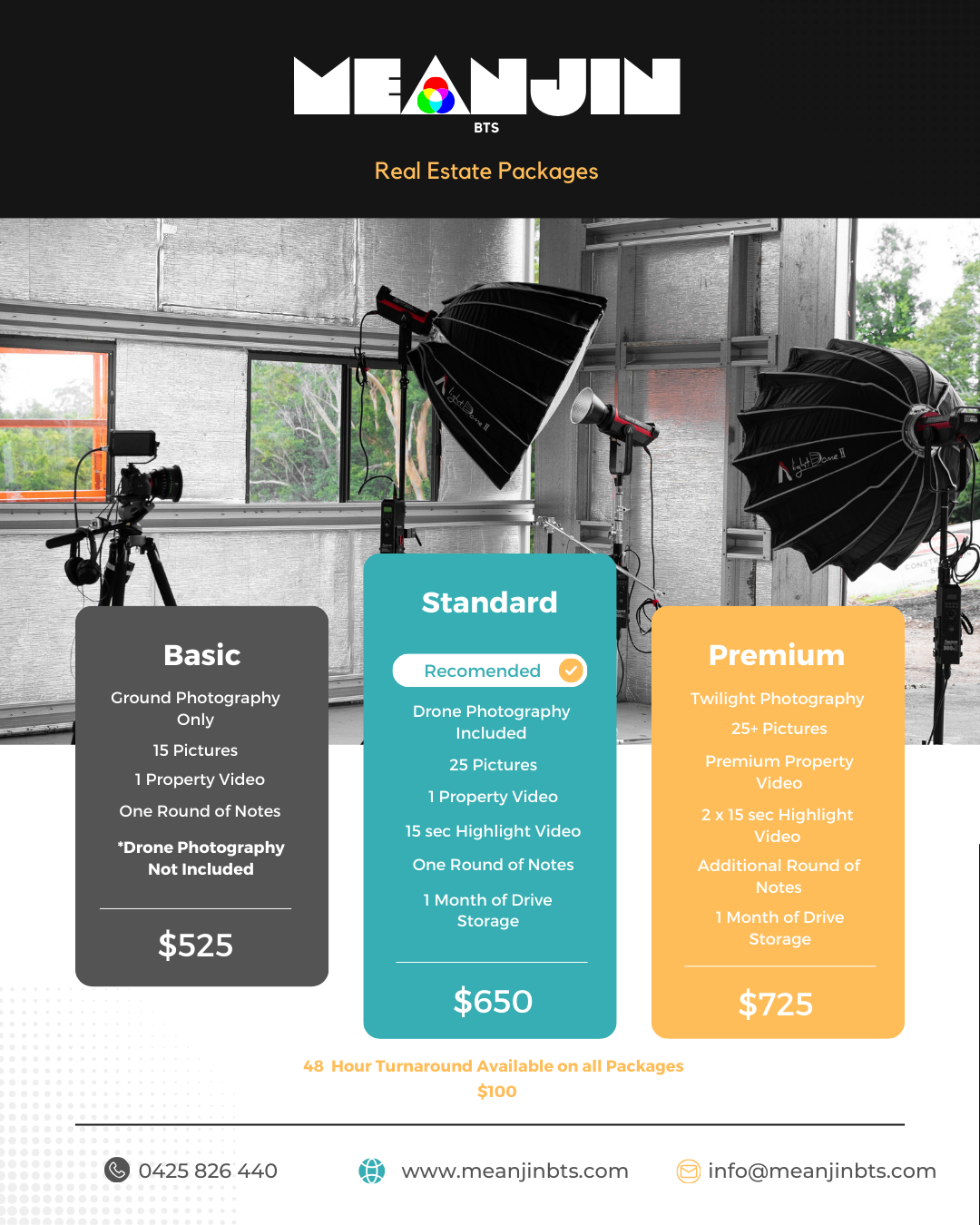 A promotional flyer for Mean Jin BTS real estate photography packages showing equipment setup, with three packages listed: Basic, Standard, and Premium, along with pricing and features.