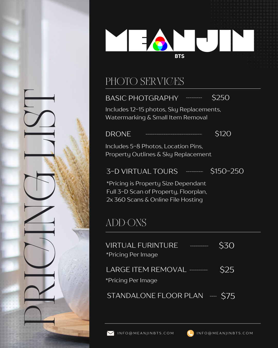 Pricing menu for photography and virtual tour services by Mean Jun BTS. Includes details for basic photography, drone, 3-D virtual tours, and add-on options like virtual furniture, large item removal, and standalone floor plan.