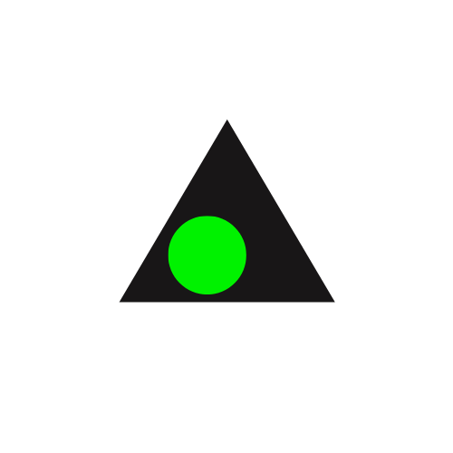Black background with a gray triangle and a bright green circle at the center of the triangle.