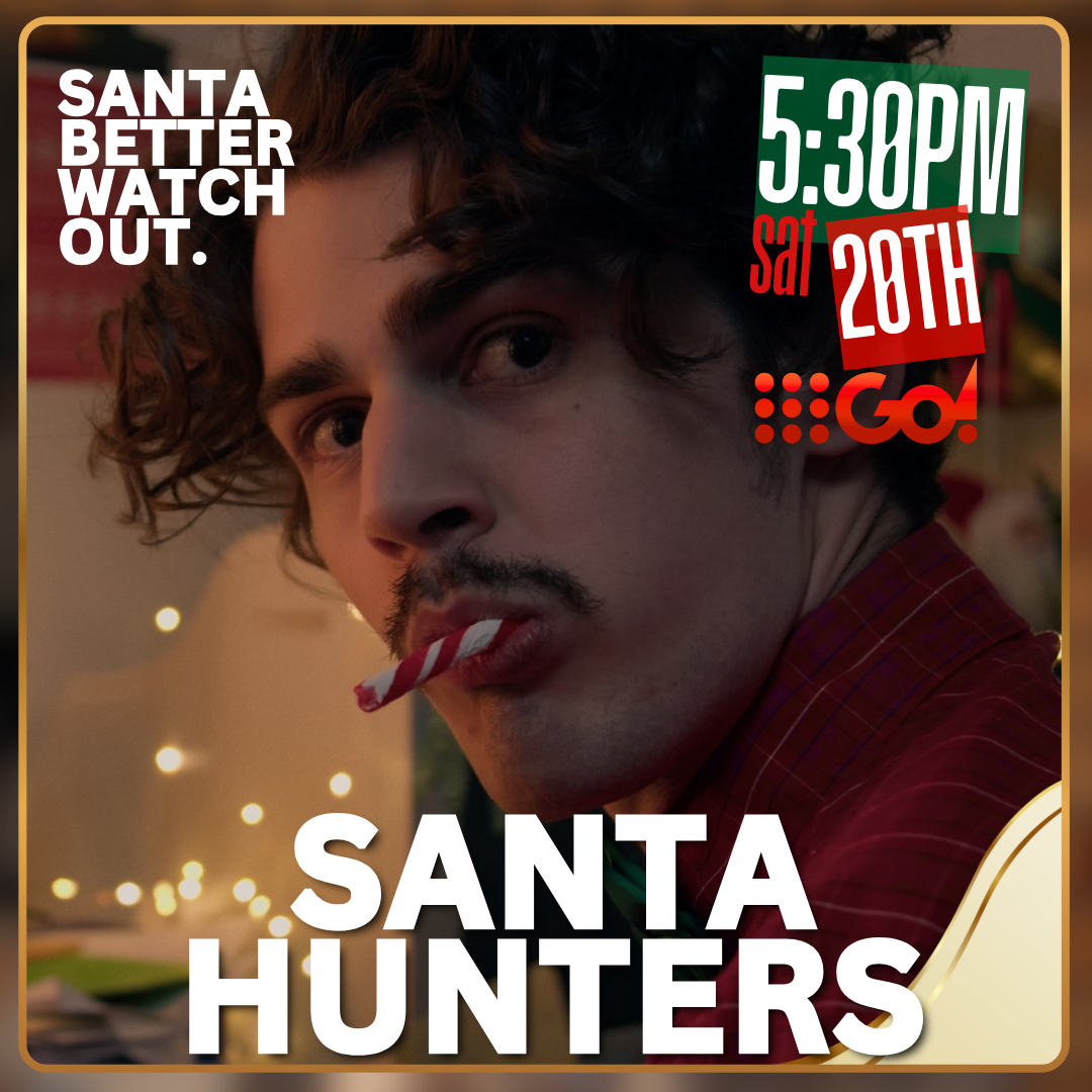 Promotional poster for the movie 'Santa Hunters' featuring a man with curly hair and a mustache biting a candy cane, with text indicating a screening at 5:30 PM on Saturday, December 28th.