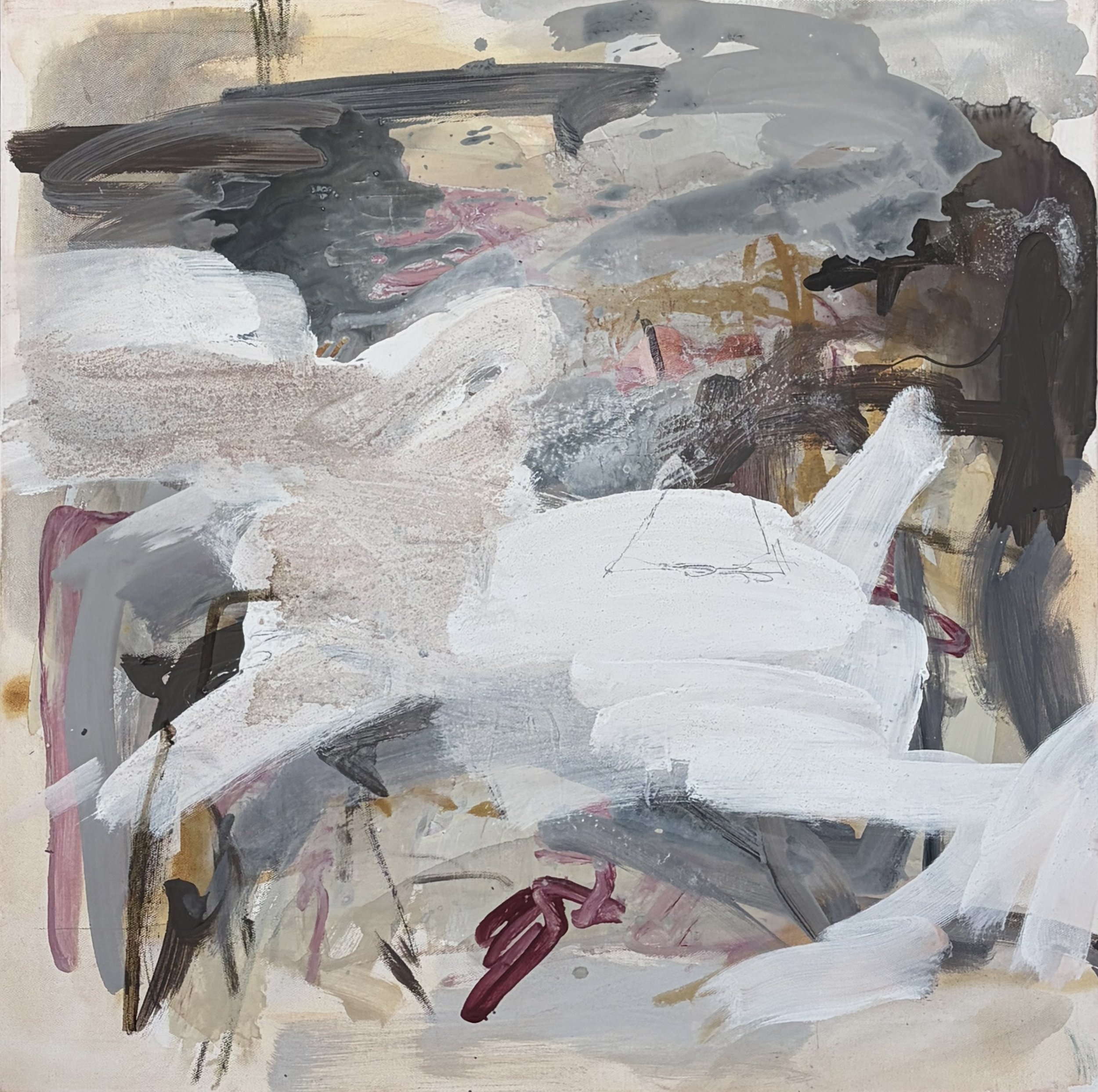  
   Untitled 
   66cm x 66cm, Acrylic, house paint, oil pastel, sand and graphite on canvas, 2026 
  
   
    Enquire about this work
   
 