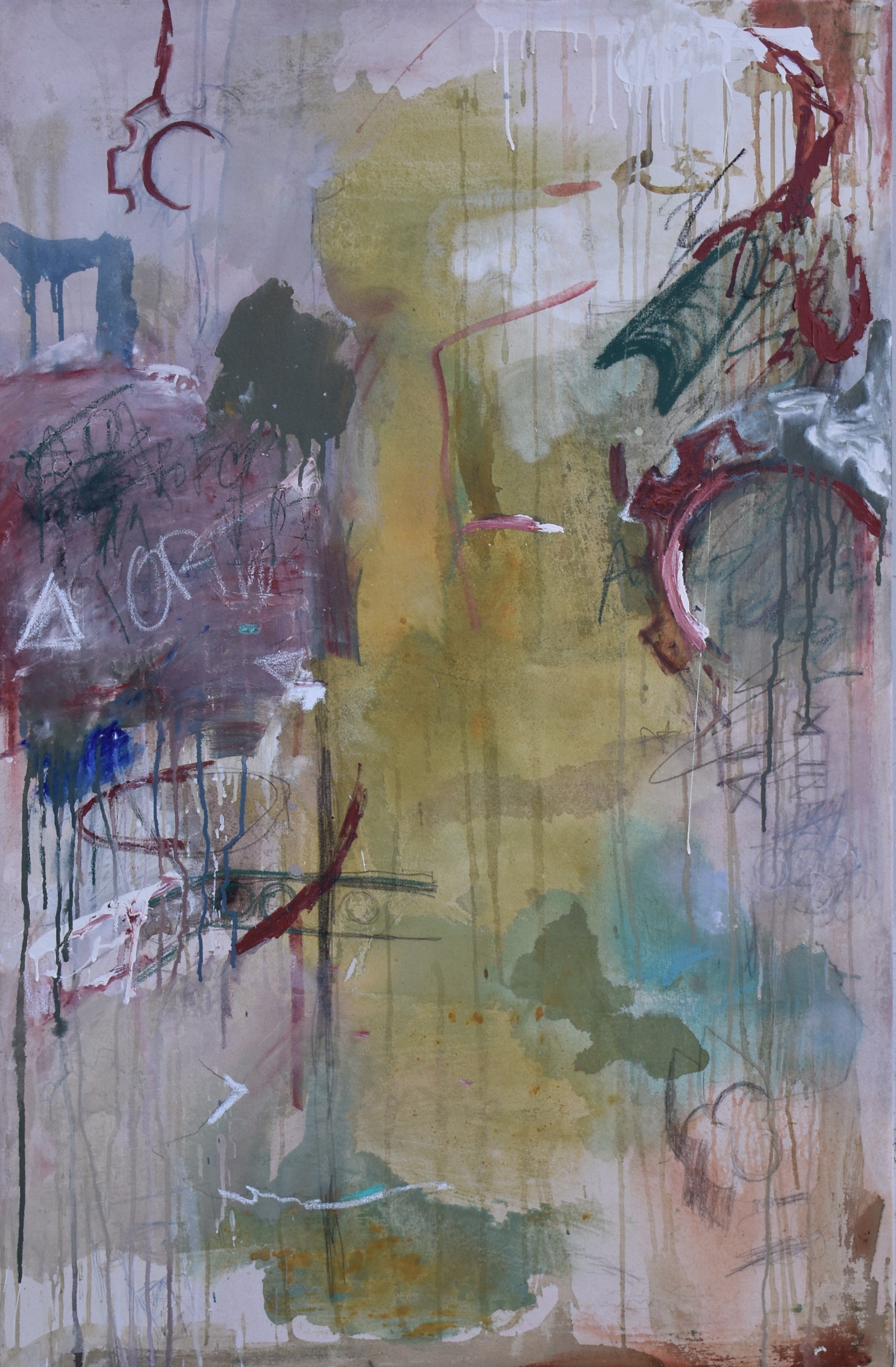  
   Kit Kit court with the Arnolfini wedding portrait  
   137cm x 90cm, Acrylic, house paint, oil pastel, oil stick and graphite on raw canvas, 2026  
  
   
    Enquire about this work
   
 