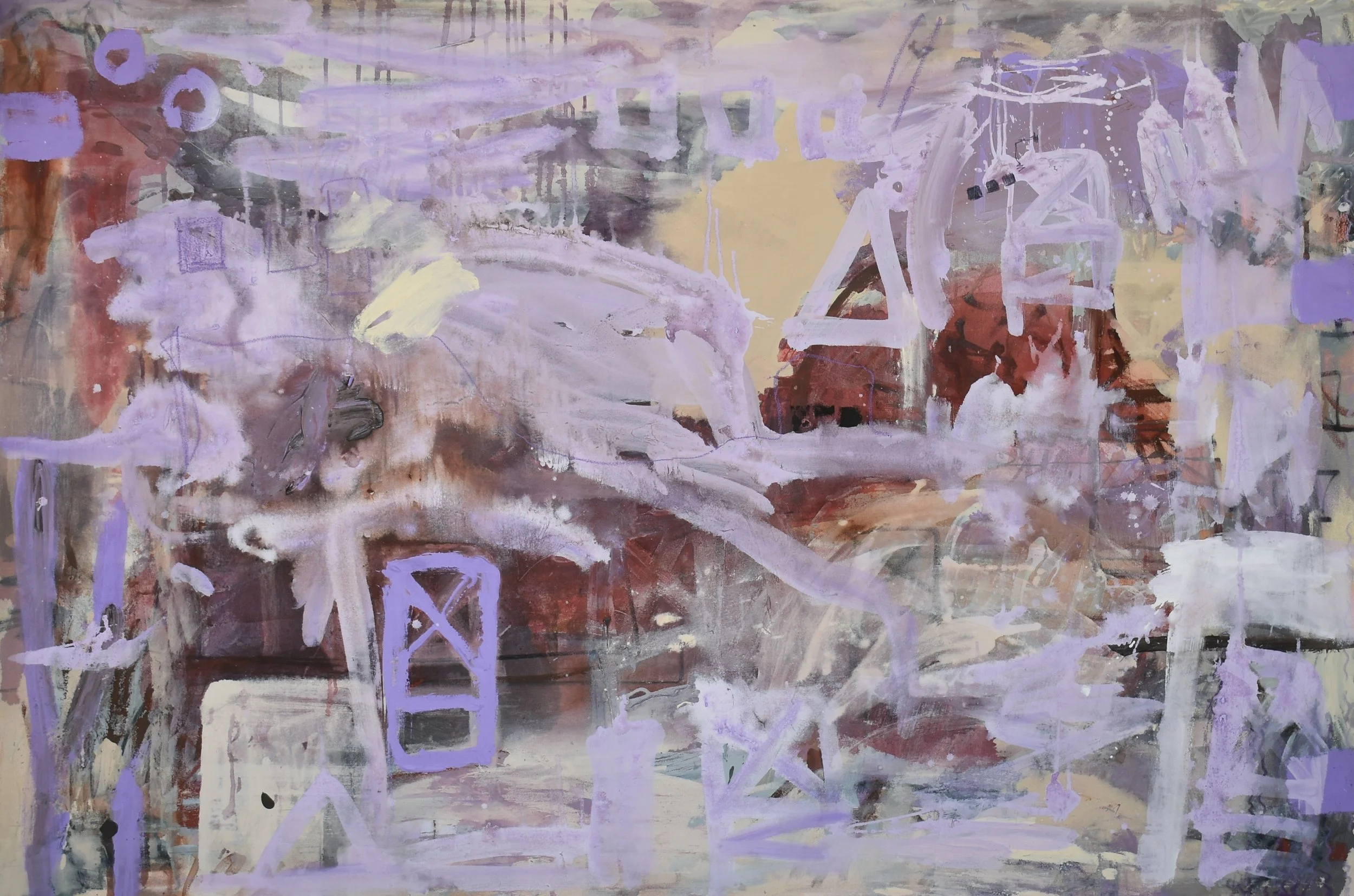  
   Untitled 
   122cm x 182cm, Acrylic, house paint, sand, oil pastel, oil stick and graphite on raw canvas, 2026  
  
   
    Enquire about this work
   
 