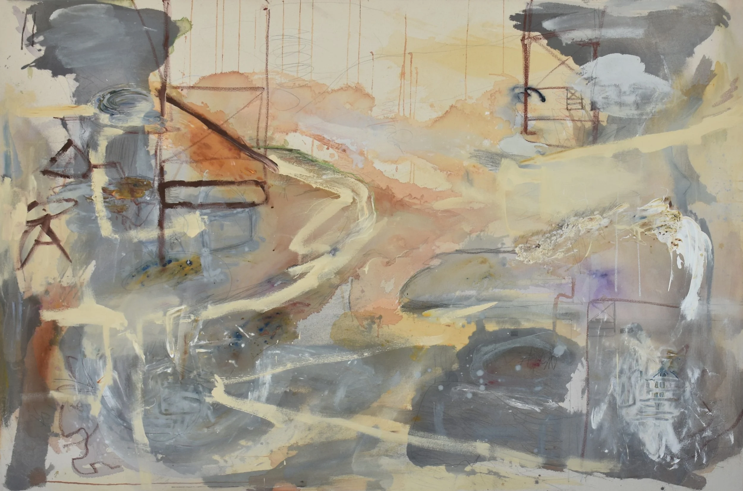  
   Untitled 
   122cm x 182cm, Acrylic, house paint, sand, oil pastel, oil stick and graphite on raw canvas, 2026  
  
   
    Enquire about this work
   
 