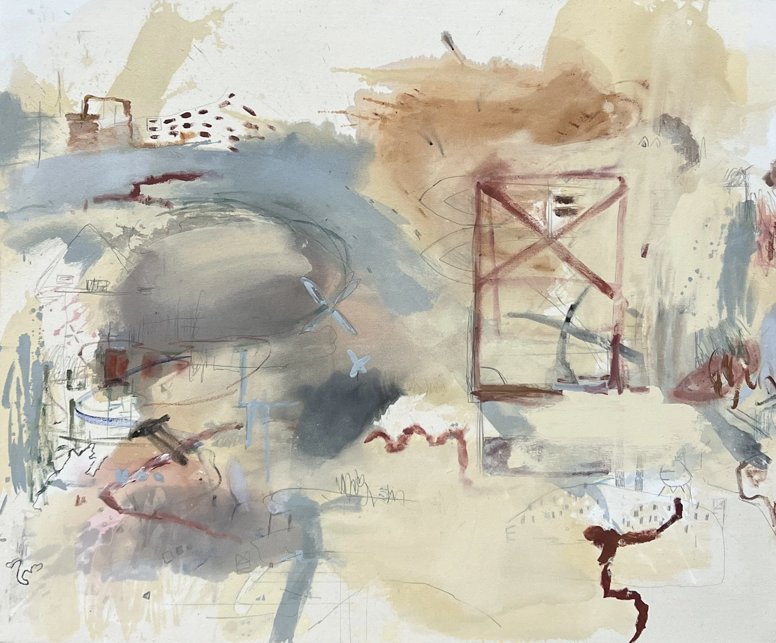  
   Under The Memory Sky 
   102cm x 122cm, Acrylic, house paint, and graphite on canvas, 2026  
  
   
    Enquire about this work
   
 