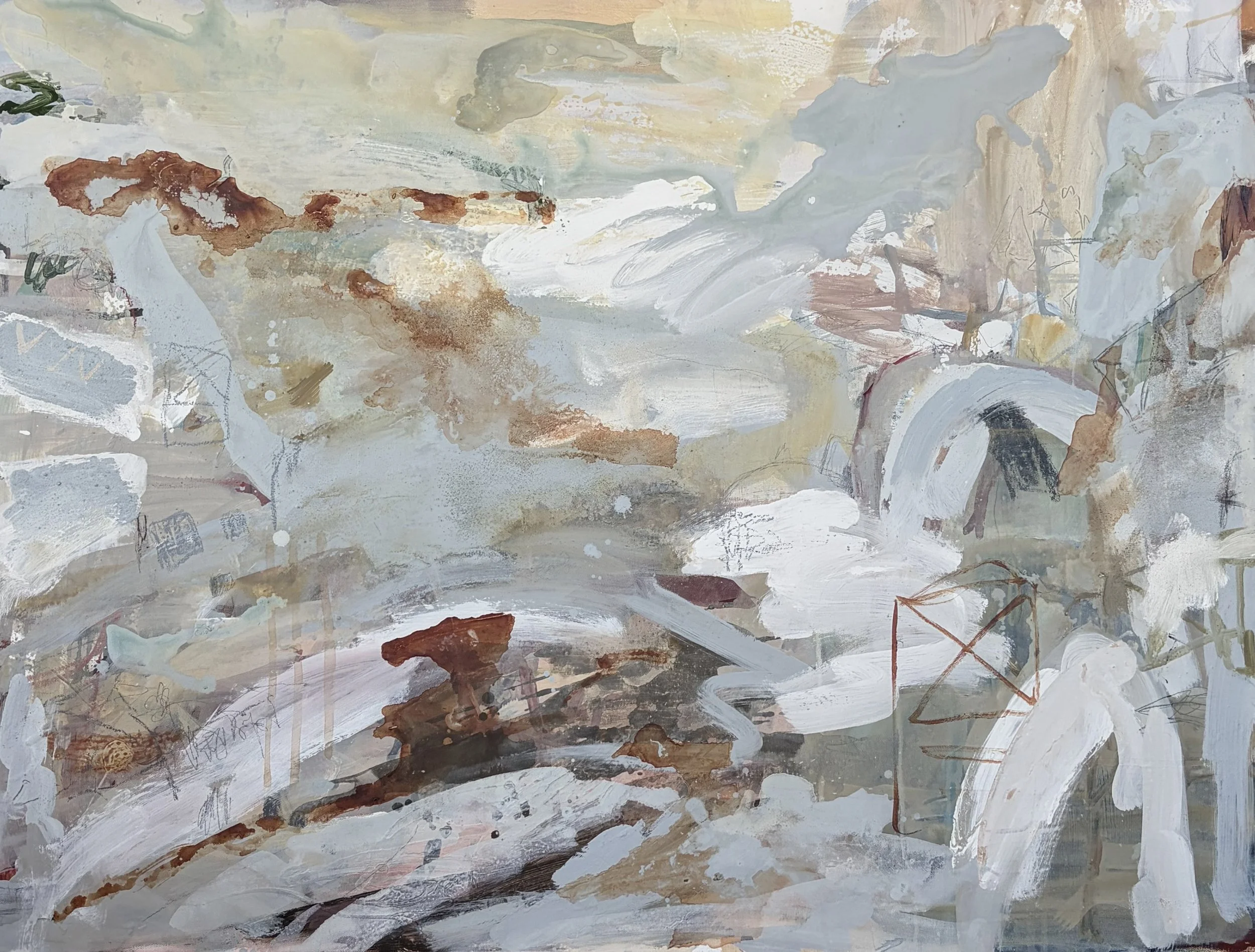  
   Untitled 
   81cm x 107cm, Acrylic, house paint, oil pastel, sand and graphite on canvas, 2026 
  
   
    Enquire about this work
   
 