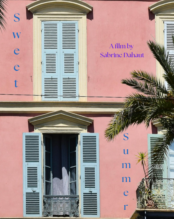 A pink building with blue shutters on windows, with text 'Sweet summer' and 'A film by Sabrine Dahaut' on the facade, and a palm tree partially visible on the right side.