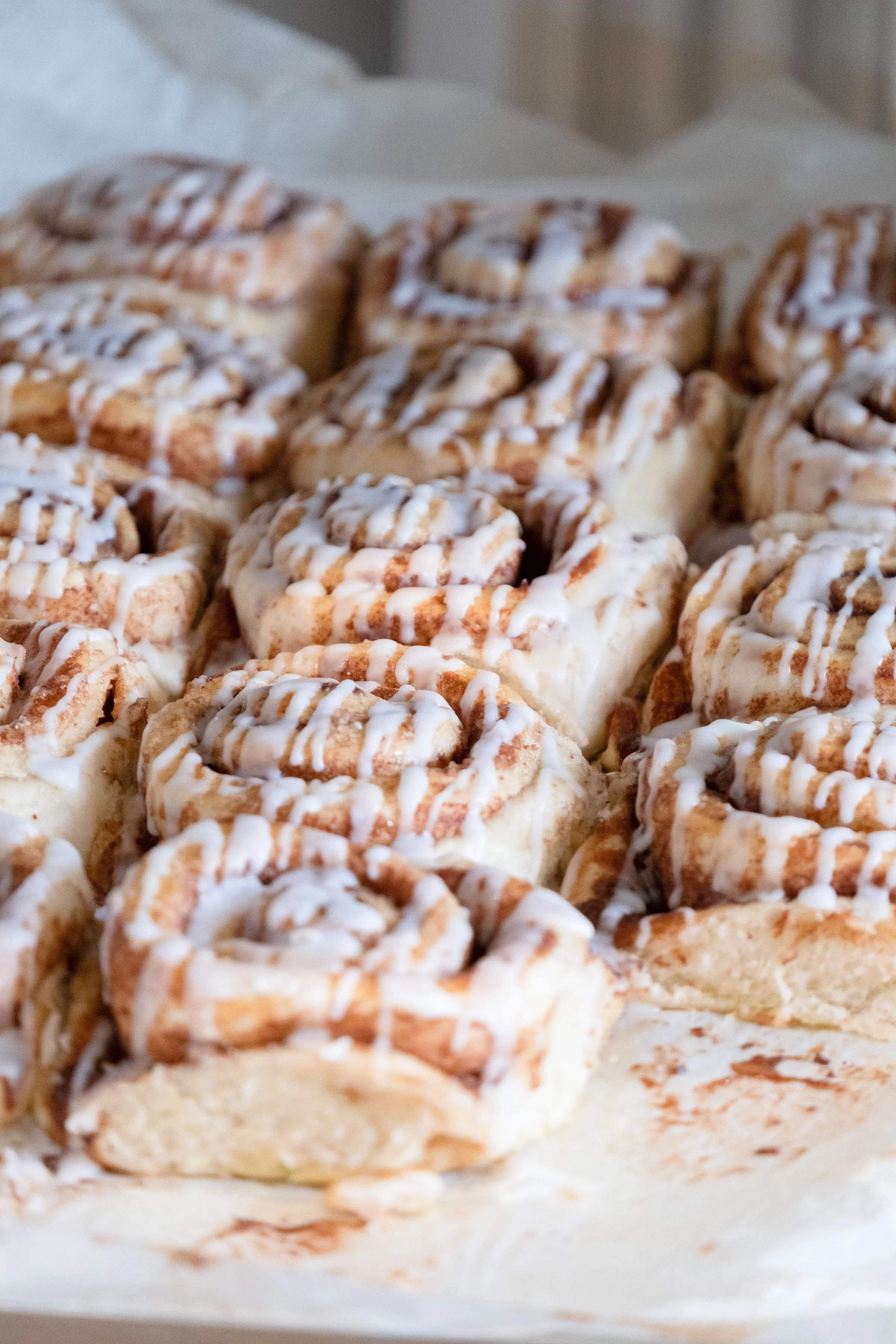 Freshly baked award winning cinnamon buns - displayed in line and looking inviting