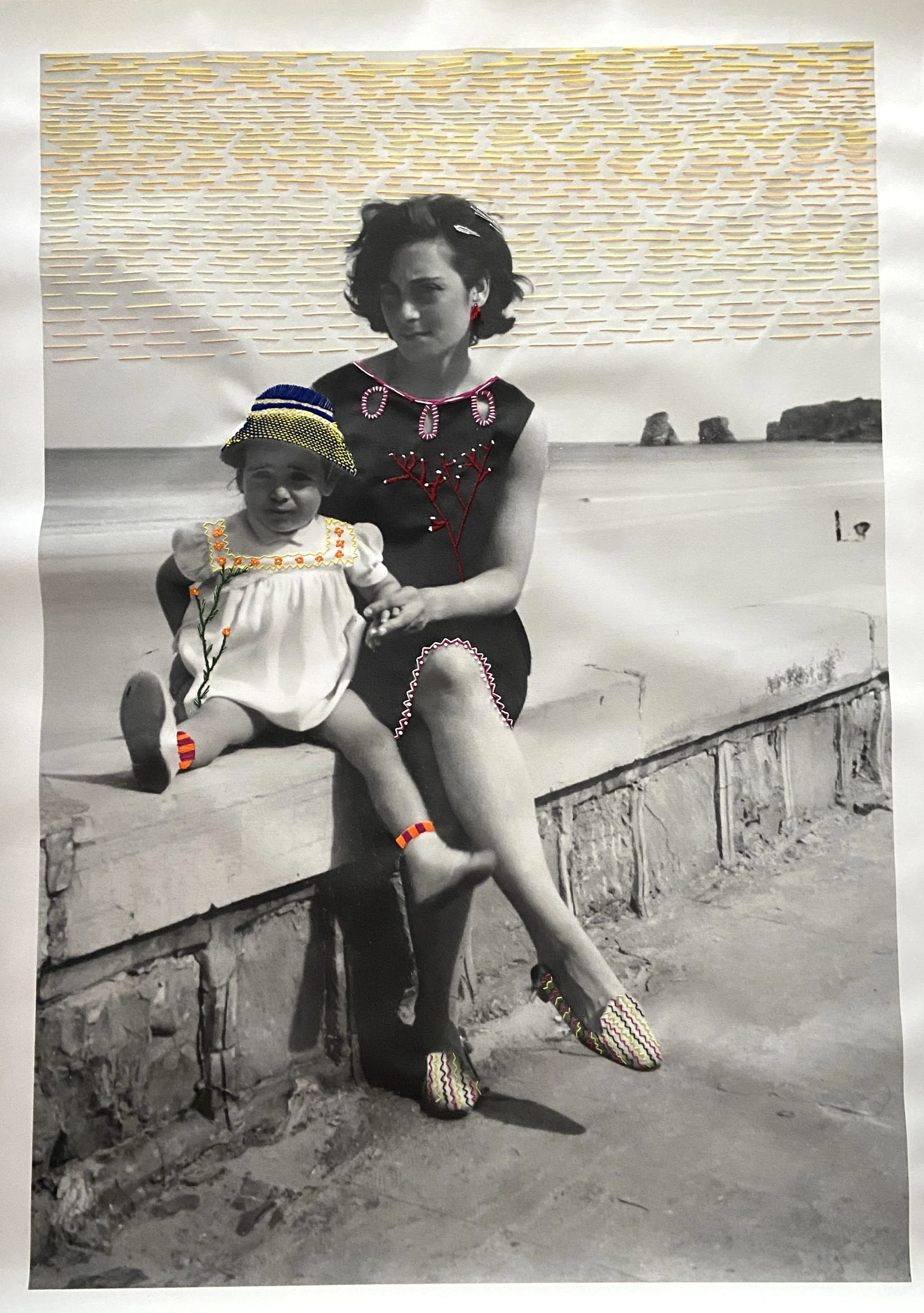 "Hendaye". Broderie main sur photo personnelle imprimée sur papier fine art / hand embroidery on personal photo print on fine art paper. 90 x 126 cm. 2025. 1 200 € 