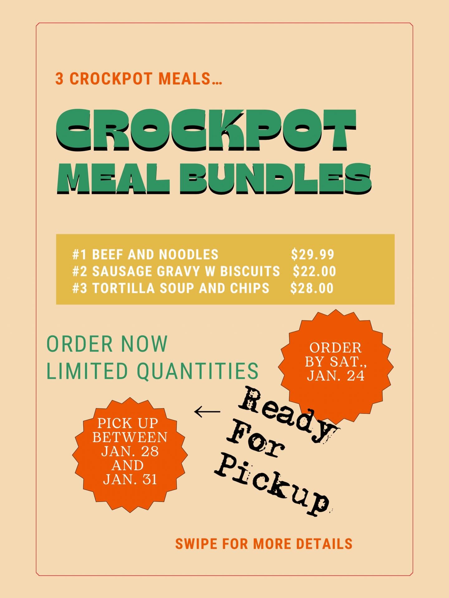 If you ordered a crockpot meal, they are ready for pickup!  Thank you all.  Open Wednesday- Saturday.