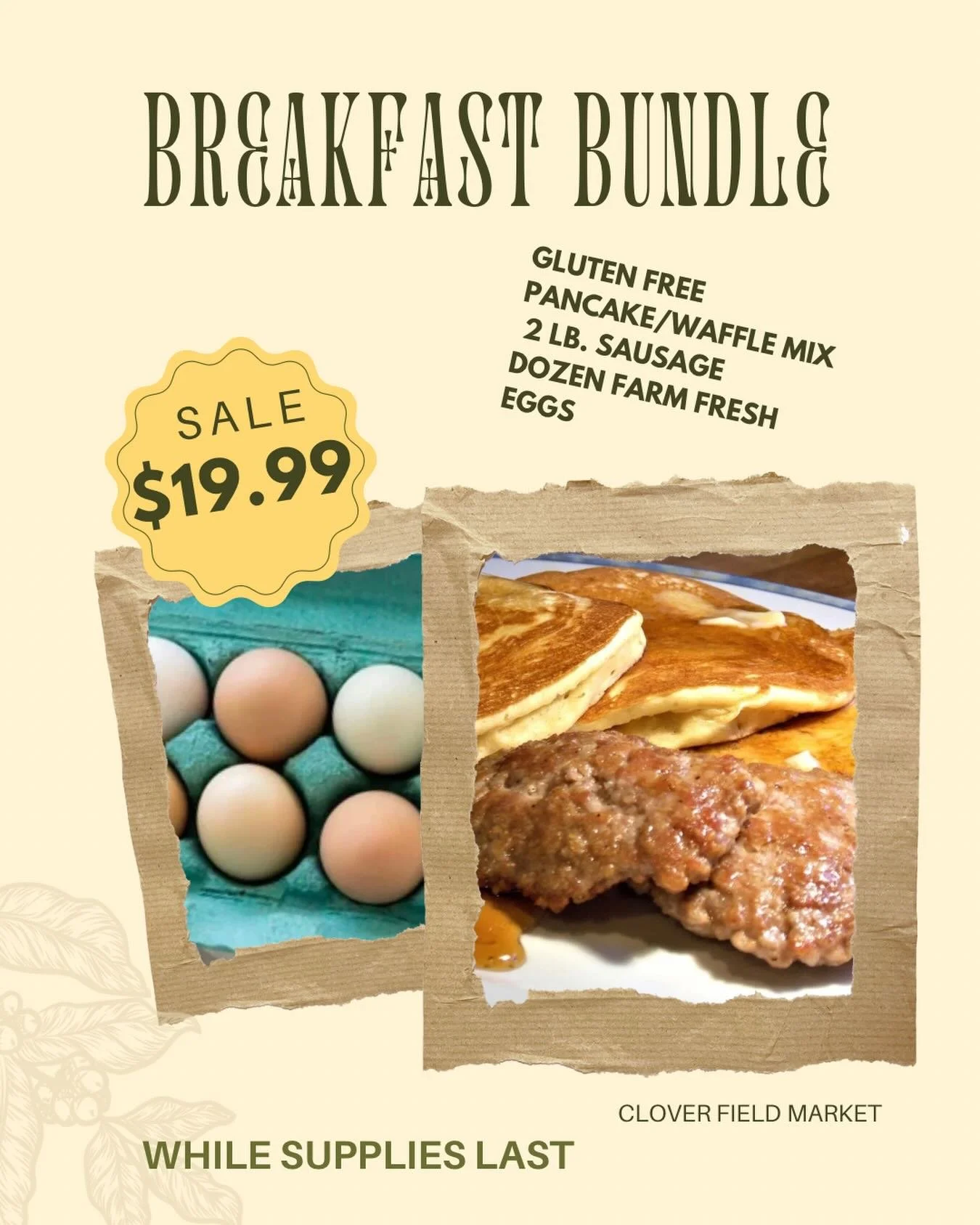 We&rsquo;re offering these delicious breakfast bundles at a great price!  This gluten free pancake mix suggests 15 servings.  I guess it depends on how big you like your pancakes. 🥞 We sell Dewig sausage and nothing better than farm fresh eggs!🍳 Pi