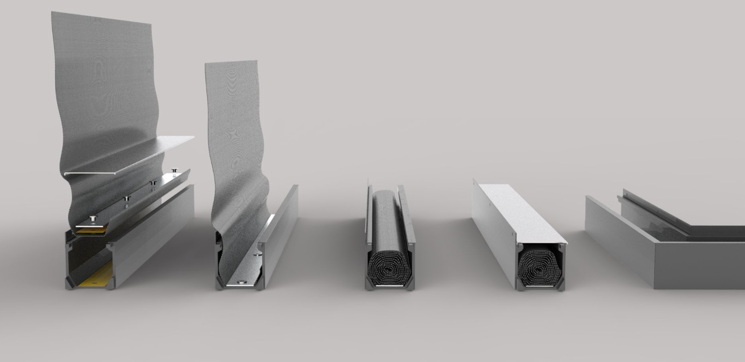 Side view of metal and fabric components forming a flexible architectural structure, including panels and sliding systems.