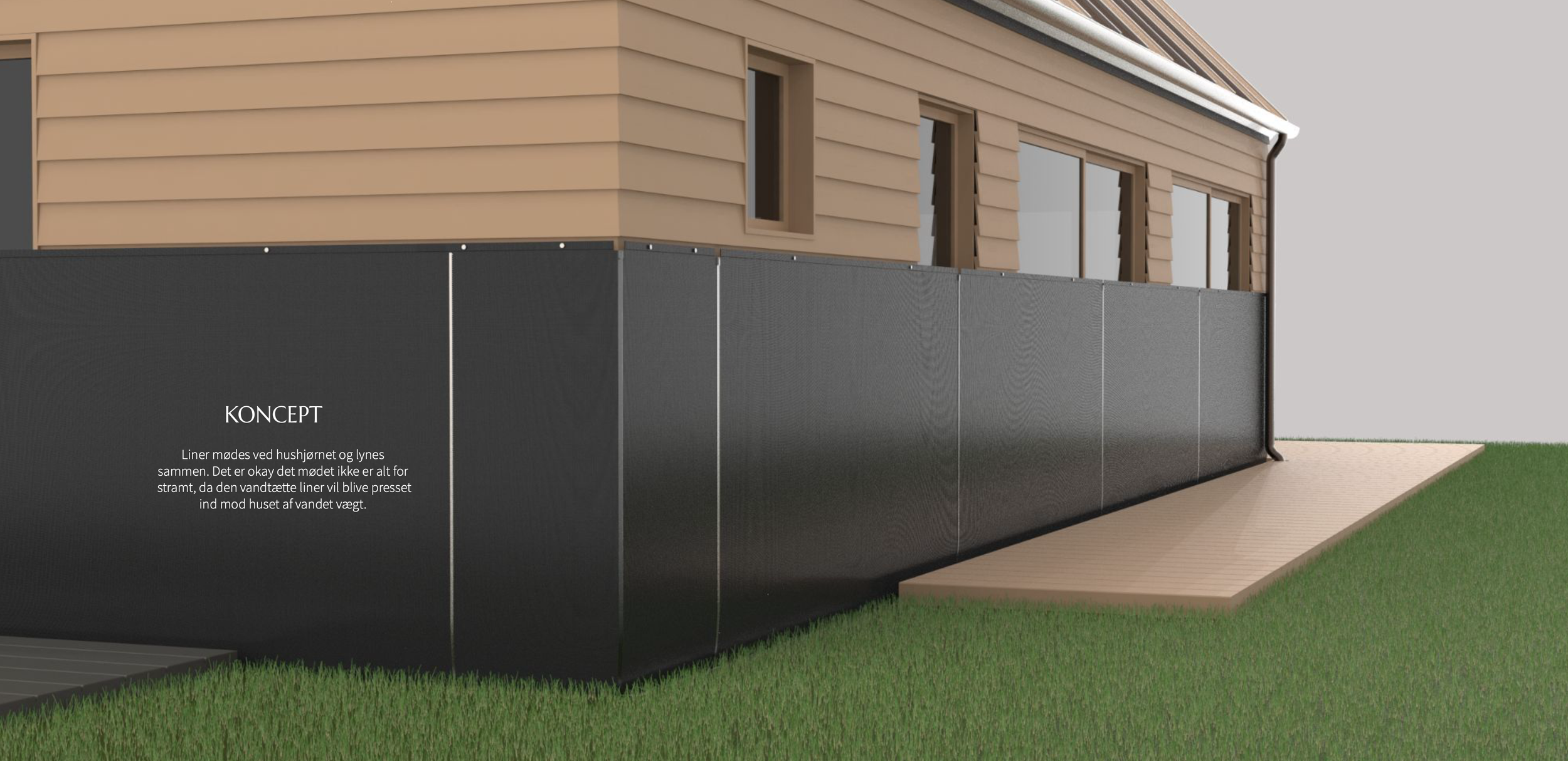 House exterior with beige siding and black waterproof panels