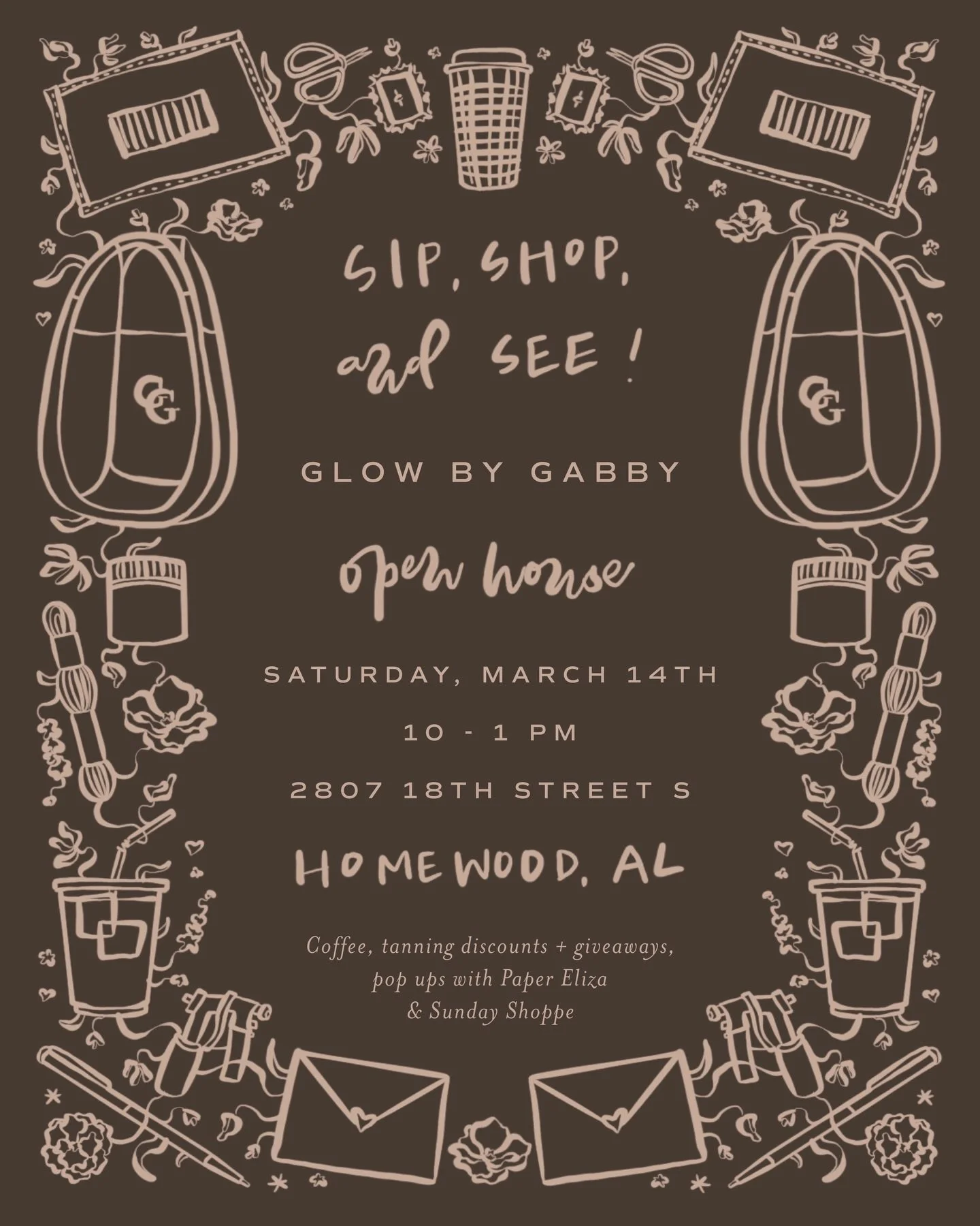 SAVE THE DATE !!! 📅 

SAT | MARCH 14 | 10 AM - 1 PM !!! 

We are so excited to be hosting a SUPER fun pop up to SIP, SHOP, + SEE our new Homewood studio !! 

To celebrate we&rsquo;ll be having Cala Coffee, Paper Eliza, &amp; Sunday Shoppe popping up