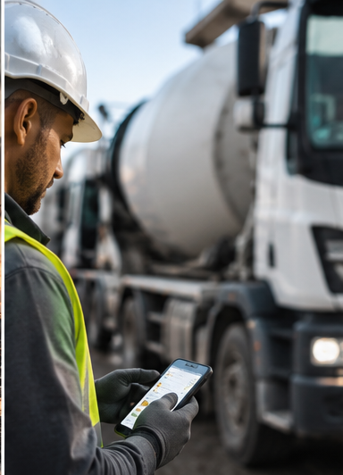 Concrete delivery driver using a mobile app beside a ready-mix truck
