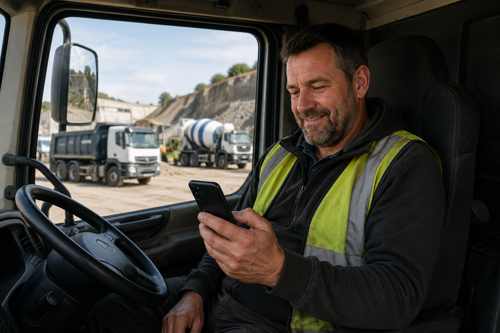 Tipper driver using a mobile app in a truck cab