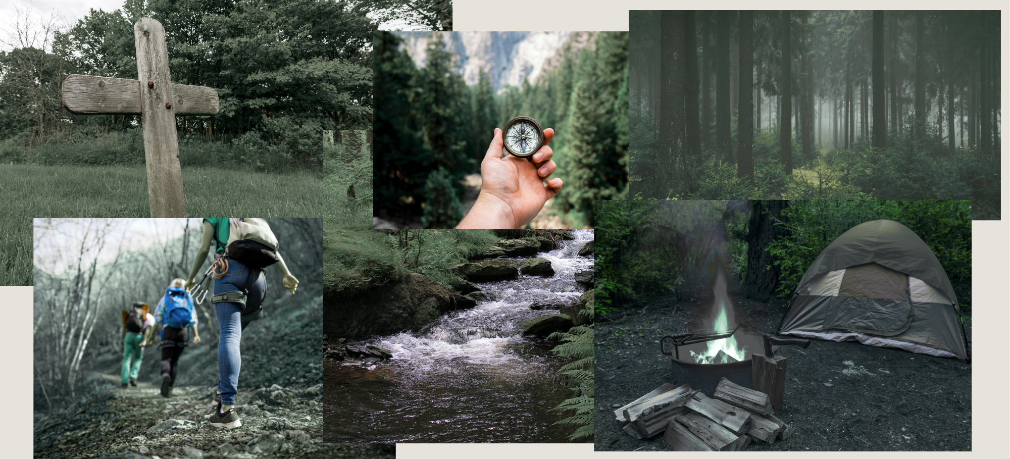 Collage of outdoor camping and hiking scenes, including a wooden signpost, a hand holding a compass in a forest, a tent near a campfire in a wooded area, two hikers walking along a trail, a flowing creek, and a dense forest with tall trees.
