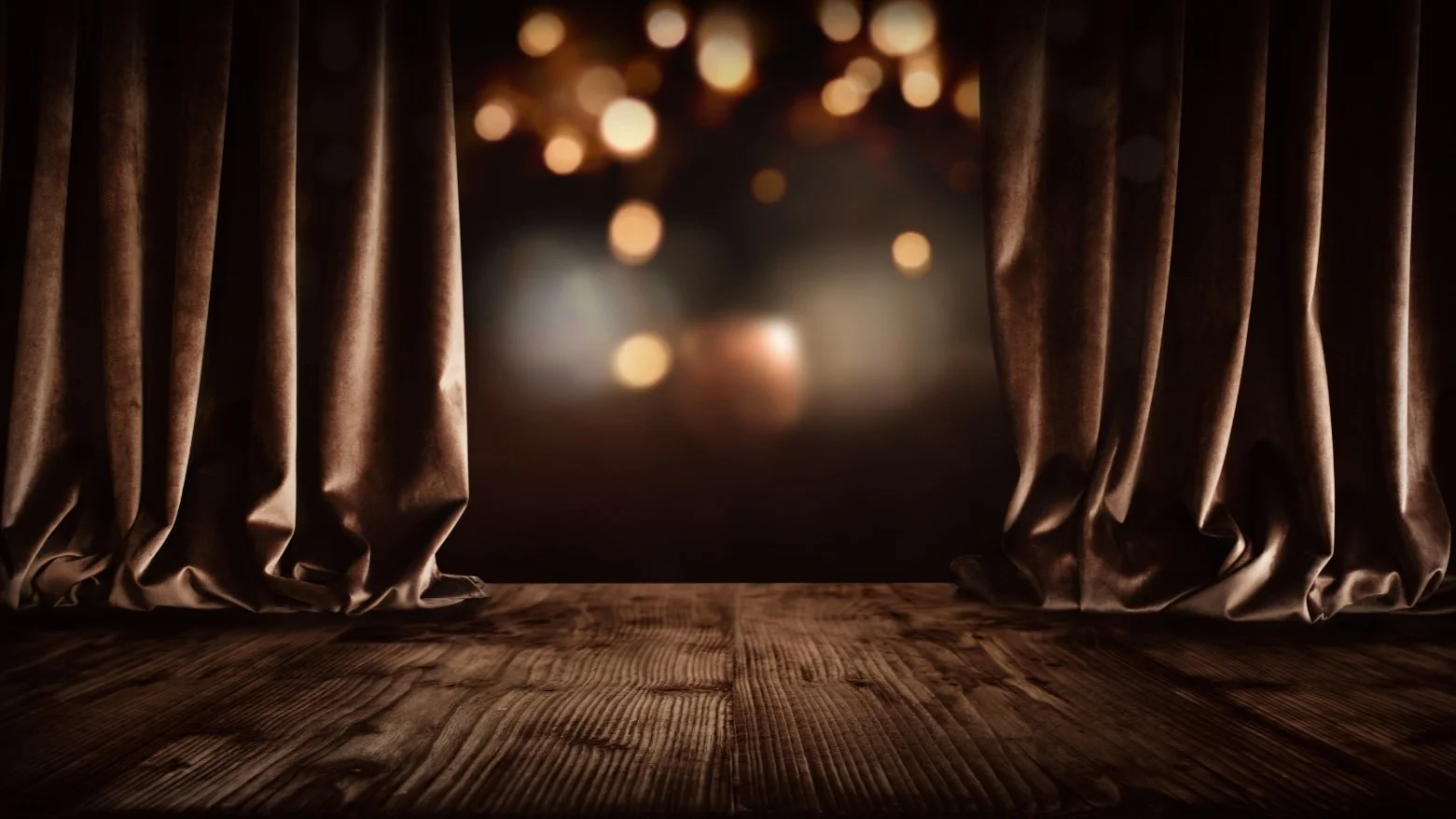 A stage with heavy brown curtains partially open, revealing a blurred background with warm, bokeh lights. The stage floor is wooden.