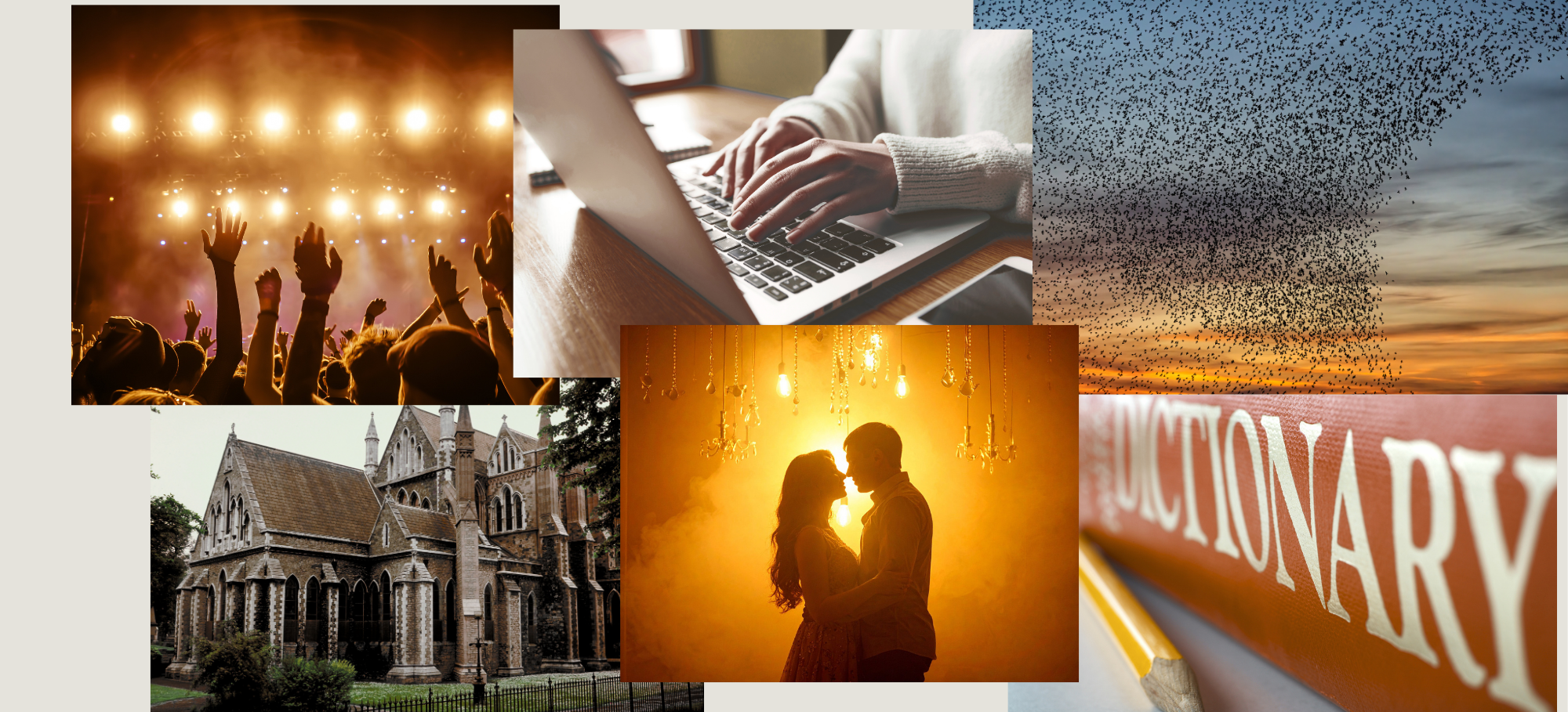 A collage of various scenes including a concert with raised hands, a person typing on a laptop, a flock of birds at sunset, an old church, a couple silhouette at sunset, and a flock of birds at sunset.