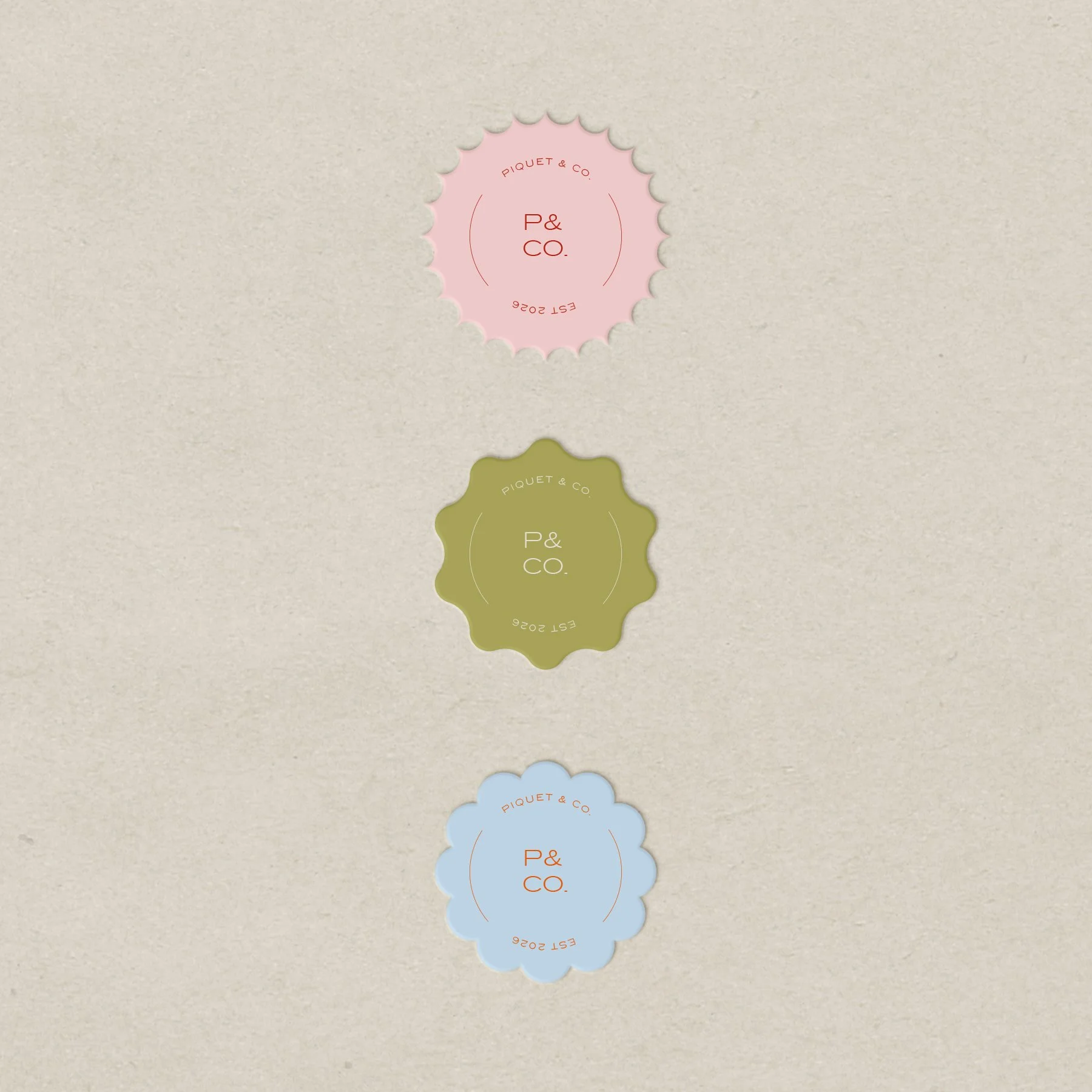 Piquet & Co. brand badge and secondary logo variations in pink, olive green and powder blue