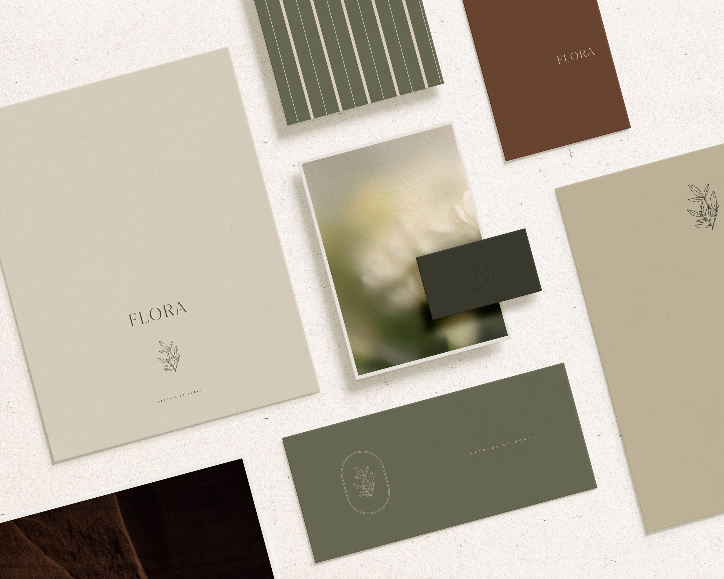    Flora natural skincare brand identity mockup with stationery, packaging, striped pattern and earthy color palette