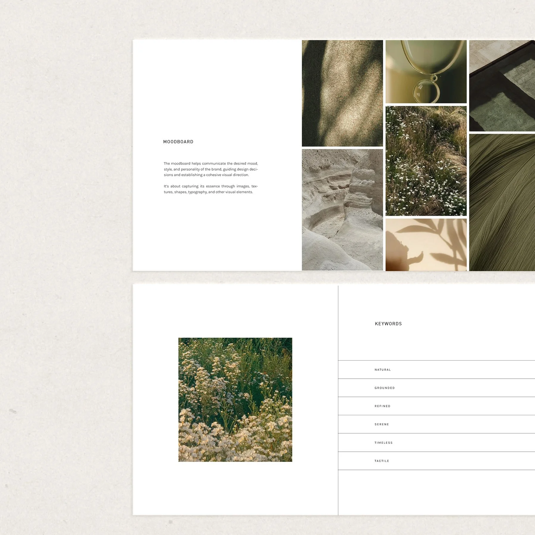 Flora natural skincare brand moodboard featuring botanical imagery, earthy textures, wildflowers, and brand keywords including natural, grounded, refined, serene, timeless, and tactile.