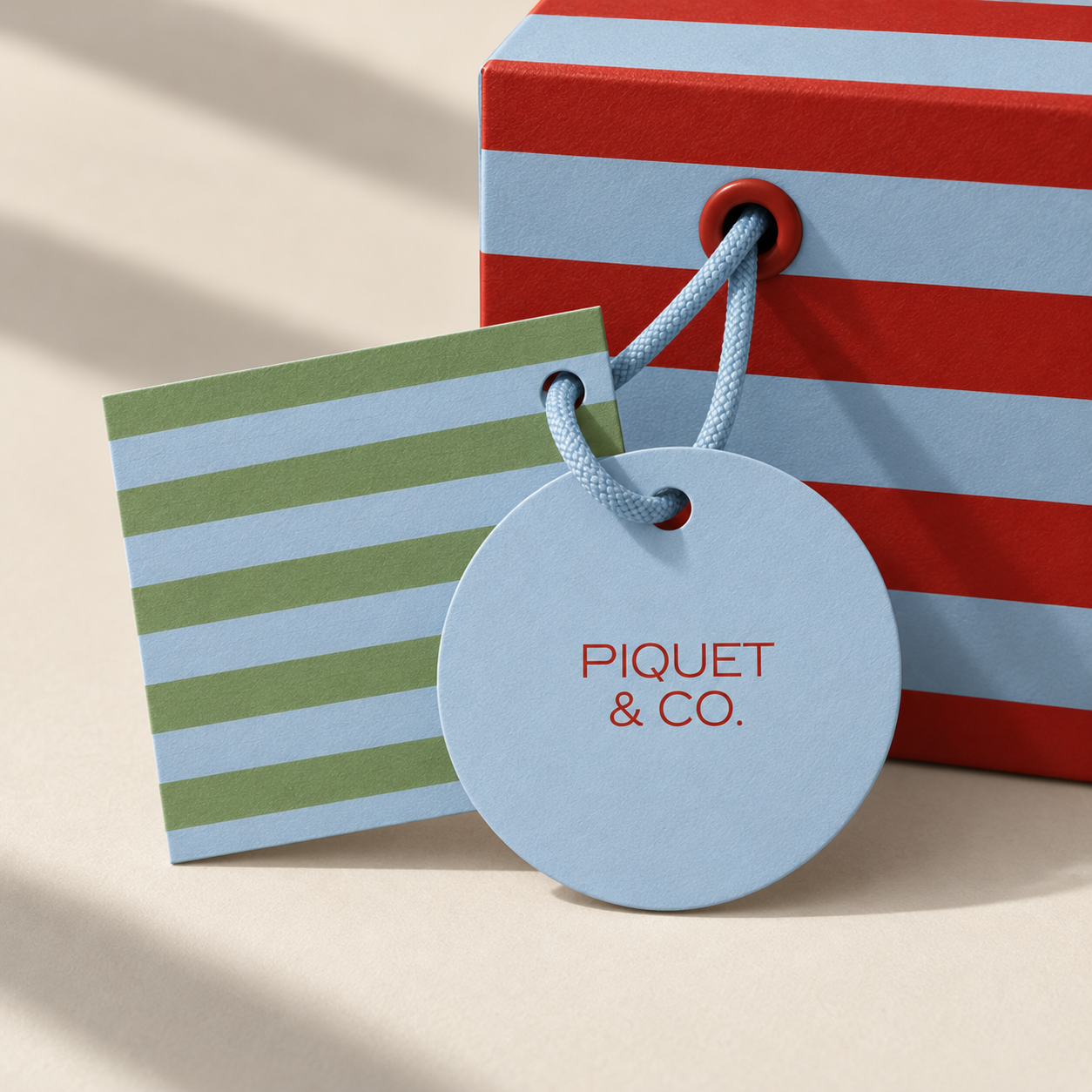 Piquet & Co. branded packaging and hang tags featuring striped patterns and minimalist logo design