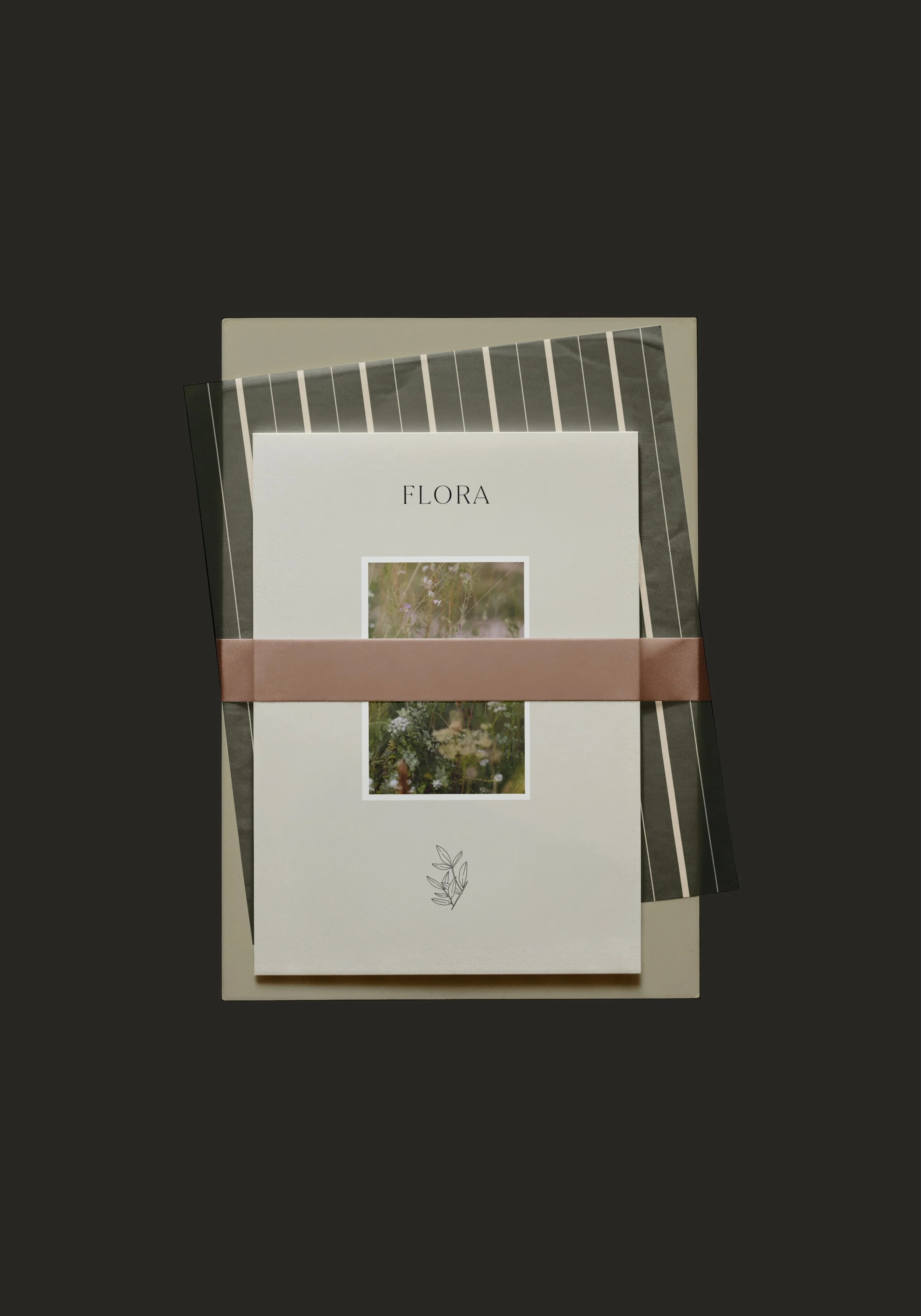     Flora natural skincare stationery mockup with olive striped pattern, botanical illustration and earthy brown accent