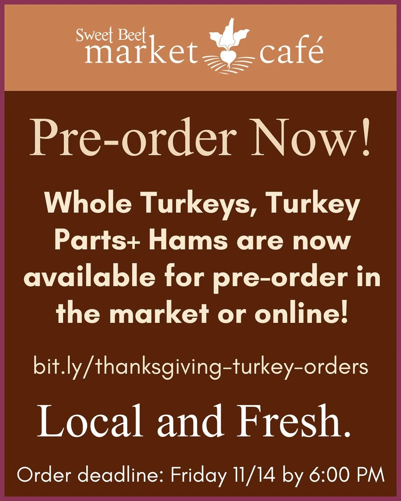 🦃 🍗 Pre-order your LOCAL Thanksgiving Turkey now! 
One of the most powerful choices you can make these days is the choice to feed and nourish yourself, family and friends with quality, fresh and local food - especially at the Thanksgiving table!