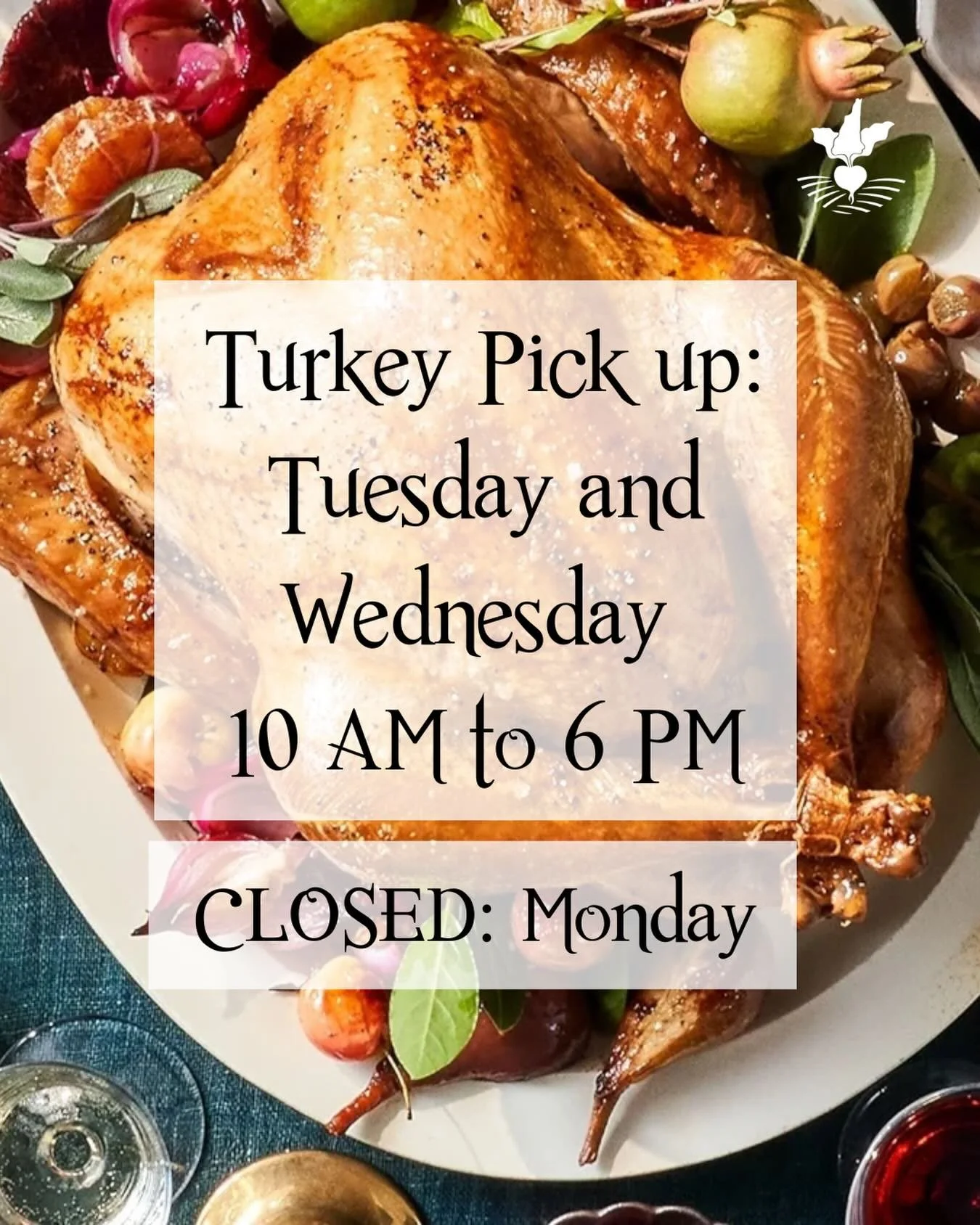 Reminder that we are CLOSED today (Monday) but we are OPEN Tuesday and Wednesday this week from 10 AM to 6 PM for Turkey and Thanksgiving meal, sides and pies pick ups! 🦃🍗🥧 And for all other Thanksgiving shopping you need to do!