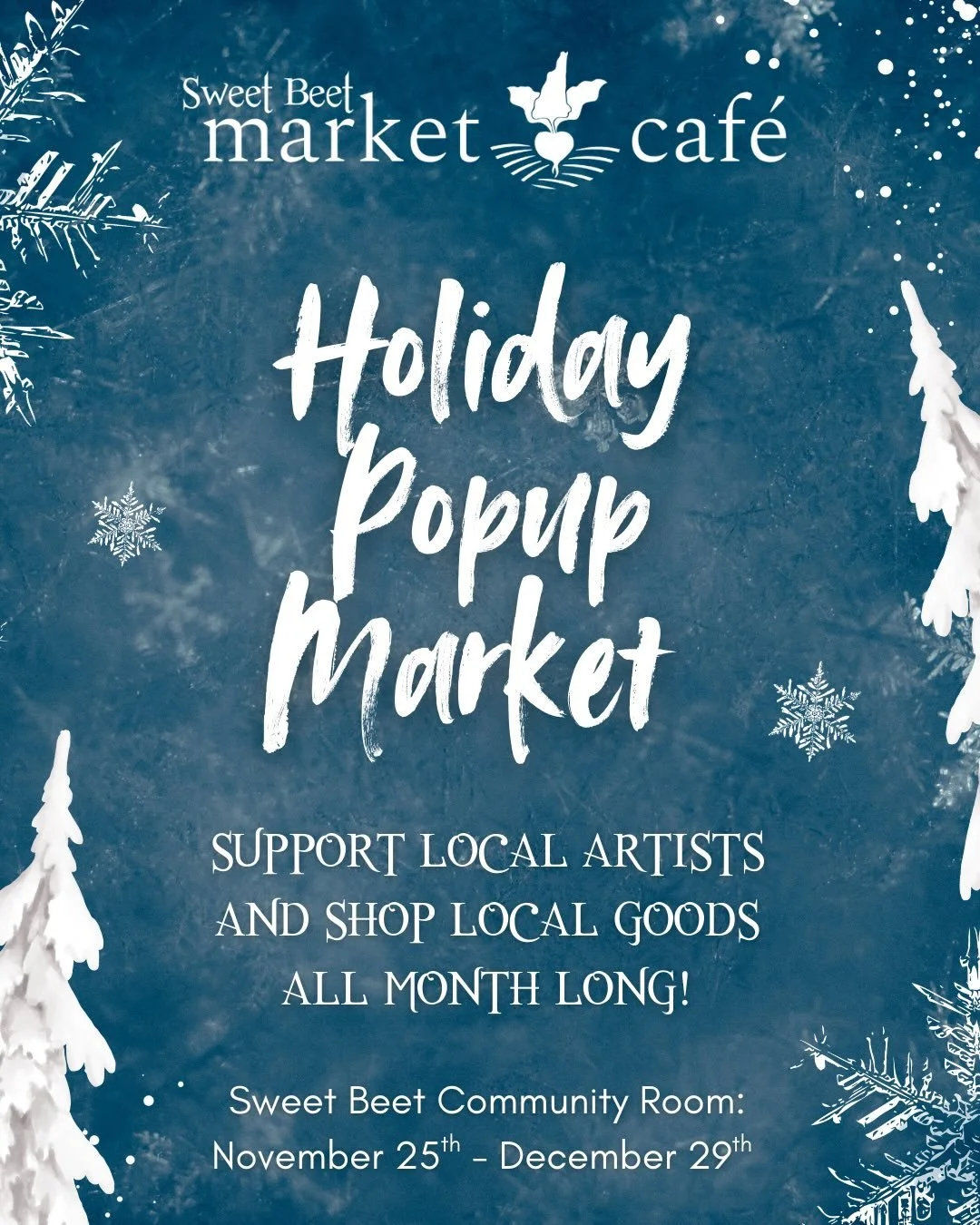 Starting on TODAY (Tuesday), our annual Holiday Pop Up is up and running, with a stunning array of goods crafted by our talented local community members. 

We have thirteen amazing vendors set up in the Community Room this year! Stay tuned for a clos