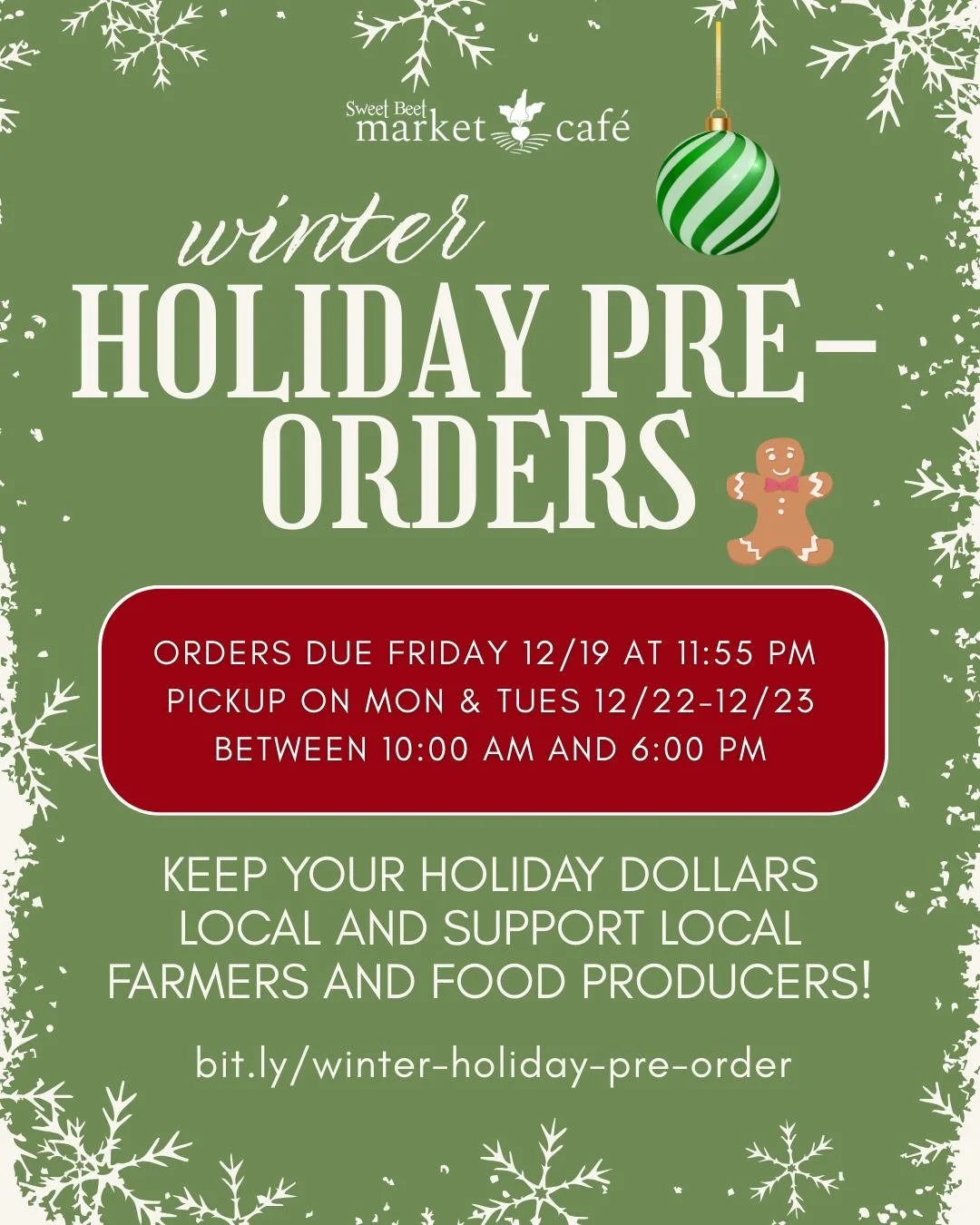 Winter Holiday Pre-Orders!

Find something the whole family will love from Sweet Beet Cafe this holiday season!

From sweet and savory treats, including holiday pies, cookies (party-packs are back!), scones, and MORE!

Did somebody say homemade cinna