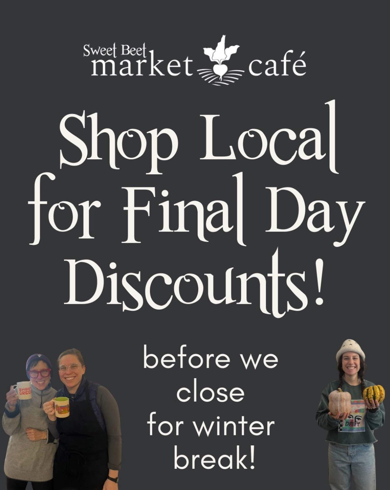 ❣️⏰ LAST DAY TO SHOP!!!! The Market is open from 10 AM - 6 PM today, Tuesday 12/30!

Since it is the LAST DAY to shop that means there will be DISCOUNTS on a variety items such as select milk + cheese, eggs, poultry, fish + other meats, all winter sq
