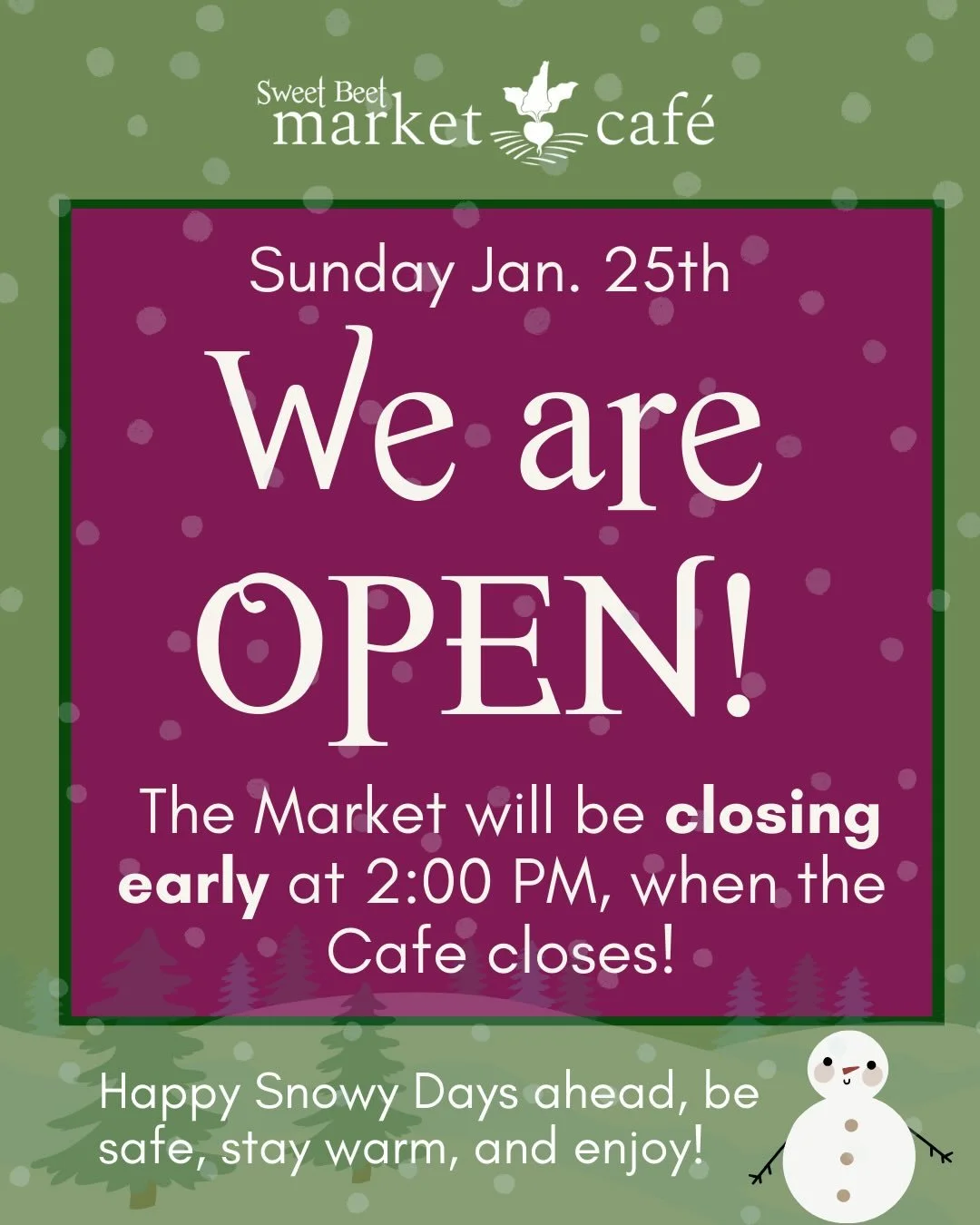 Happy Sunday, friends!!! Looks like the snow is starting later this afternoon, which means it's a perfect morning to come stock up on snow day essentials, and get your taste-buds nourished by the flavors of Sweet Beet Cafe's NEW winter menu!!! ❄️

Sw