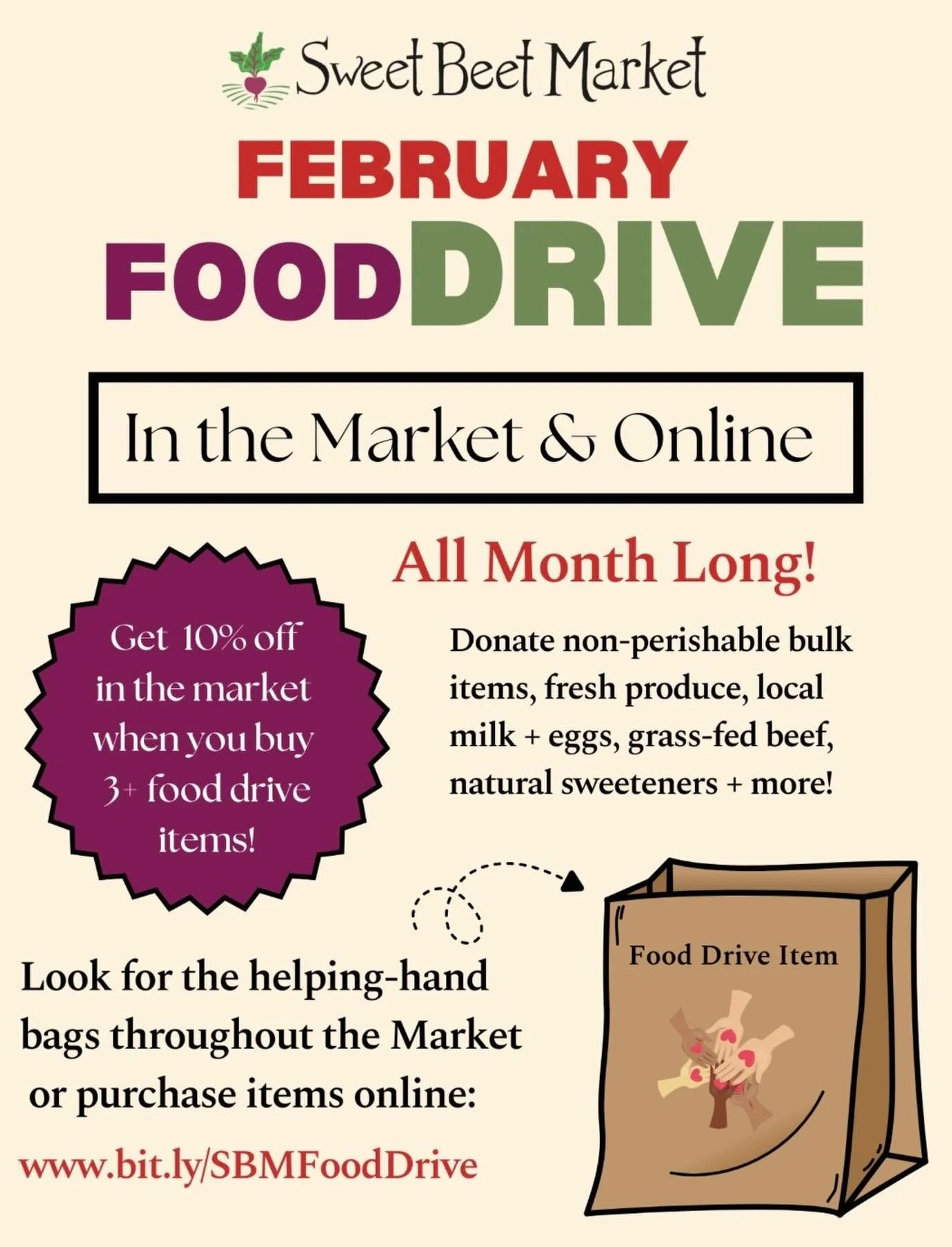 Happy February!!! Today (Sunday) kicks off our 3rd annual February Food Drive!!

SAVE 10% in the market during the entire month of February when you donate 3+ items to the Food Drive. 

This year is unique because not only can you donate the typical 