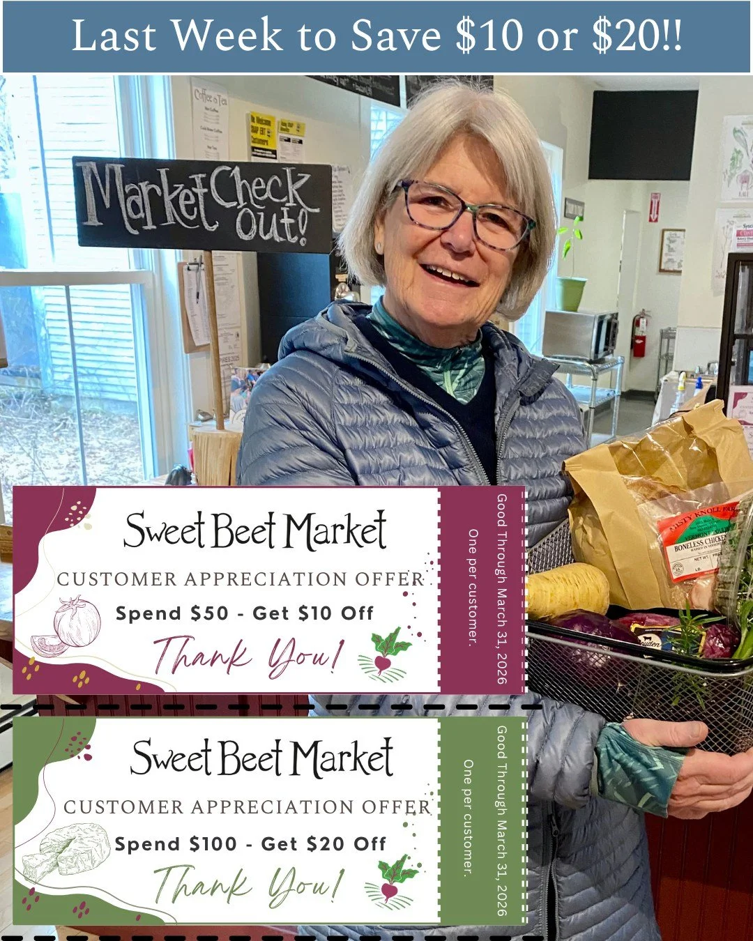 Last week to save $10 or $20! Coupons are good through this coming Sunday!

This is the perfect time to stock up on your favorites, fill your fridge, or grab those higher-ticket items you&rsquo;ve been eyeing. Easter basket items anyone?

But don&rsq