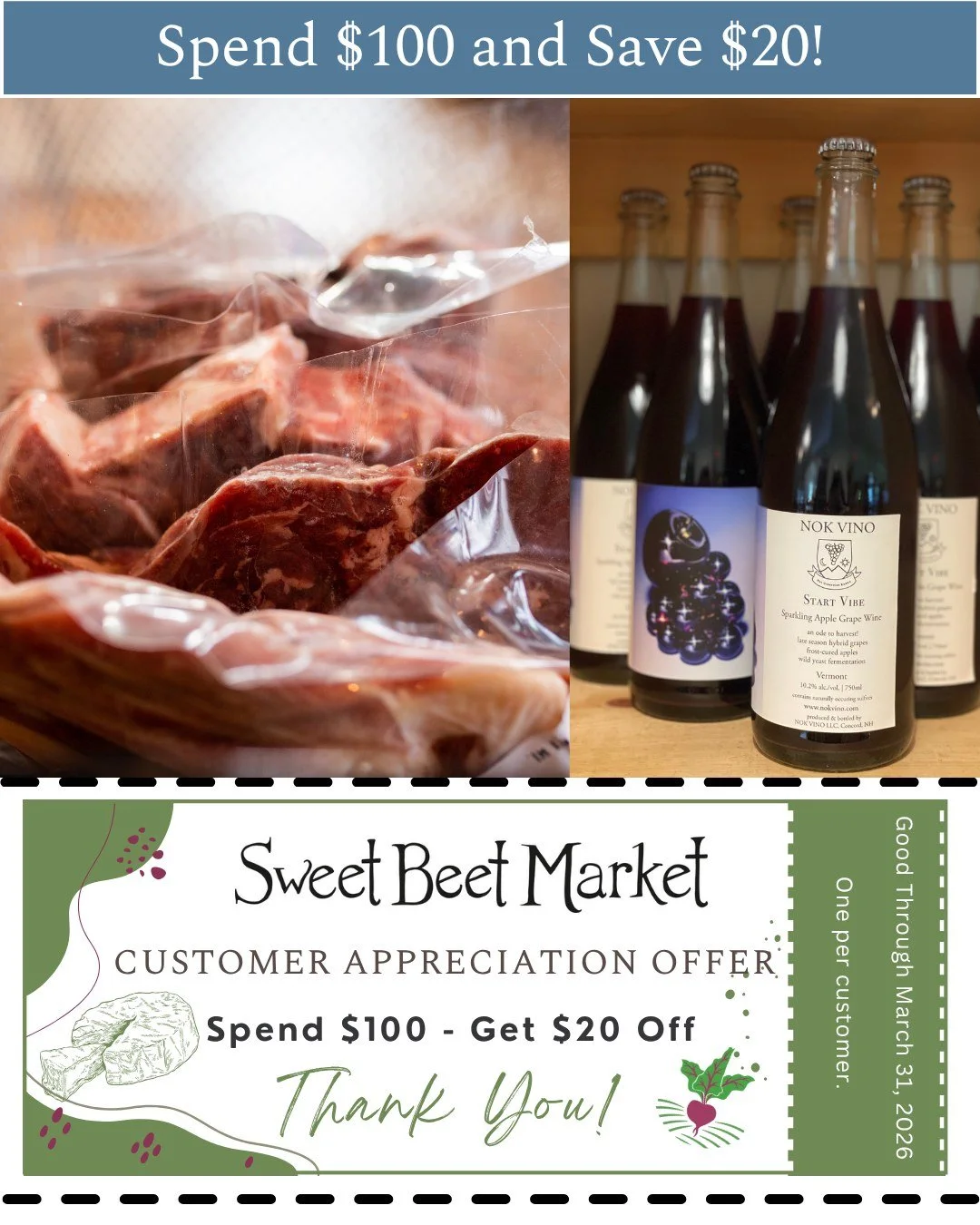 Our Customer Appreciation Month wraps up tomorrow! If you haven&rsquo;t stopped in yet, now&rsquo;s the time to take advantage of these savings.

Enjoy $20 off when you spend $100 or $10 off $50... perfect for stocking up on your favorite local goods
