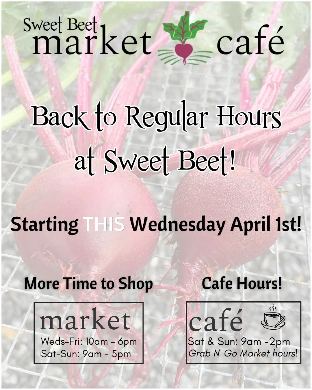 It's no joke, friends! We're back to our full, regular hours starting this Wednesday, April 1st.  Wed - Fri we'll open one hour earlier and stay open one hour later. On the weekends we'll be open one more hour.  We're looking forward to seeing more o