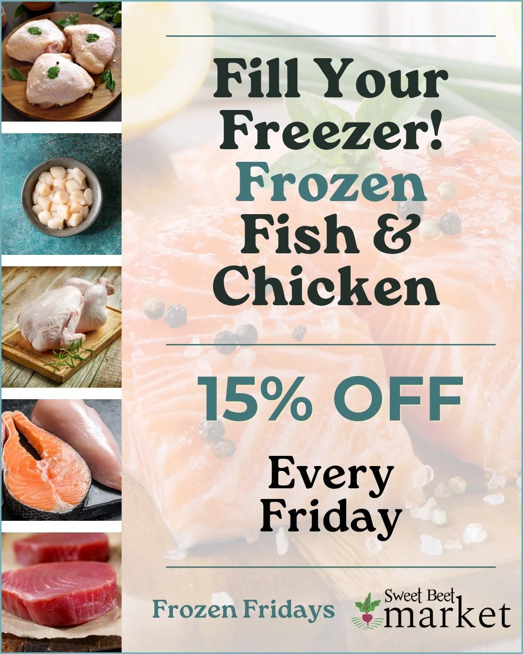 PSA: your freezer called&hellip; it wants a refill!

Tomorrow is Frozen Friday at Sweet Beet Market!
~ Frozen Fish
~ Frozen Chicken
~ 15% OFF all day Friday!

We're open Fridays 10 am - 6 pm.
Come in, stock up and save!