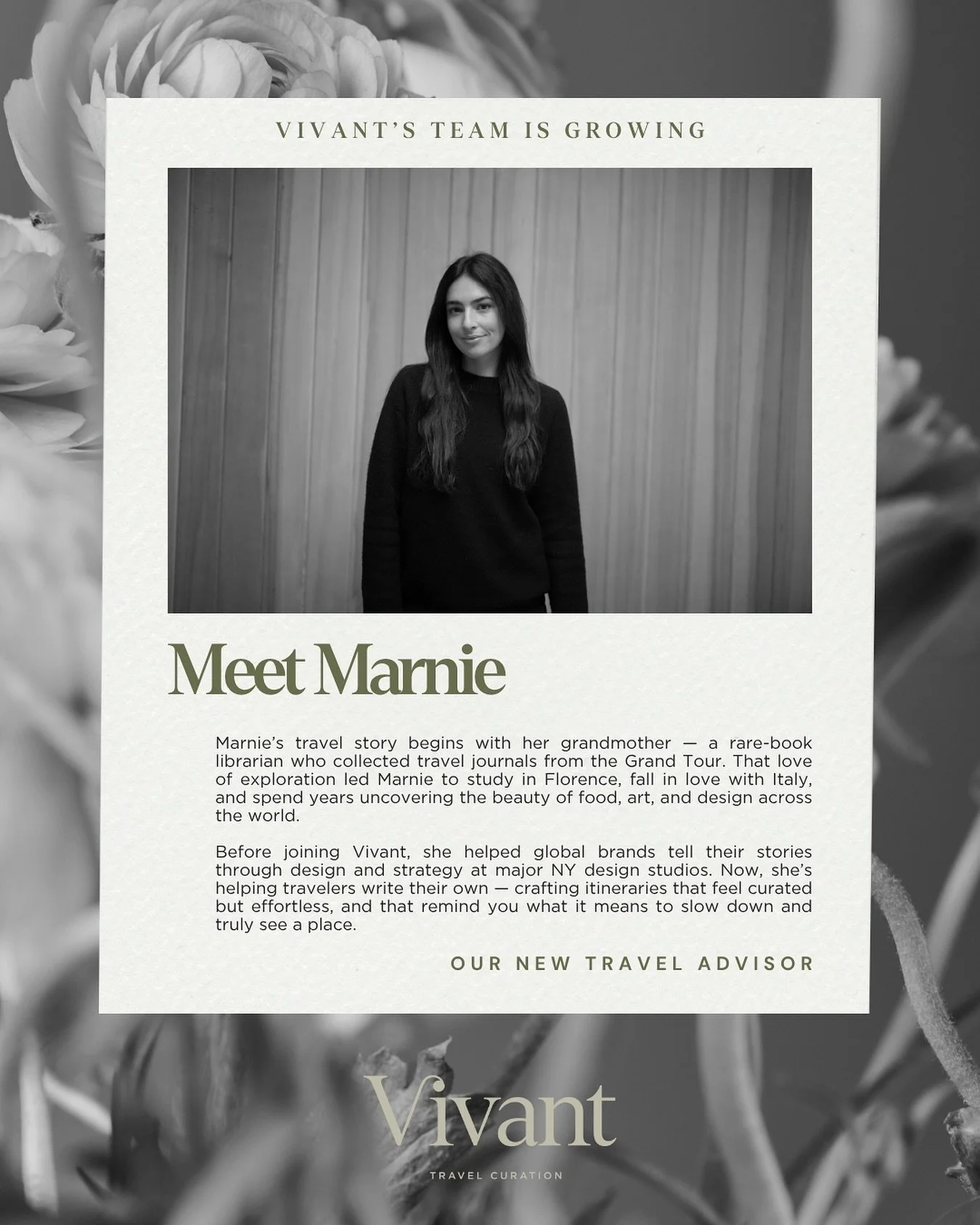 Meet Marnie Abraham, the newest member of the Vivant Travel team!
 
Marnie&rsquo;s travel story begins with her grandmother &mdash; a rare-book librarian who collected travel journals from the Grand Tour. That love of exploration led Marnie to study 