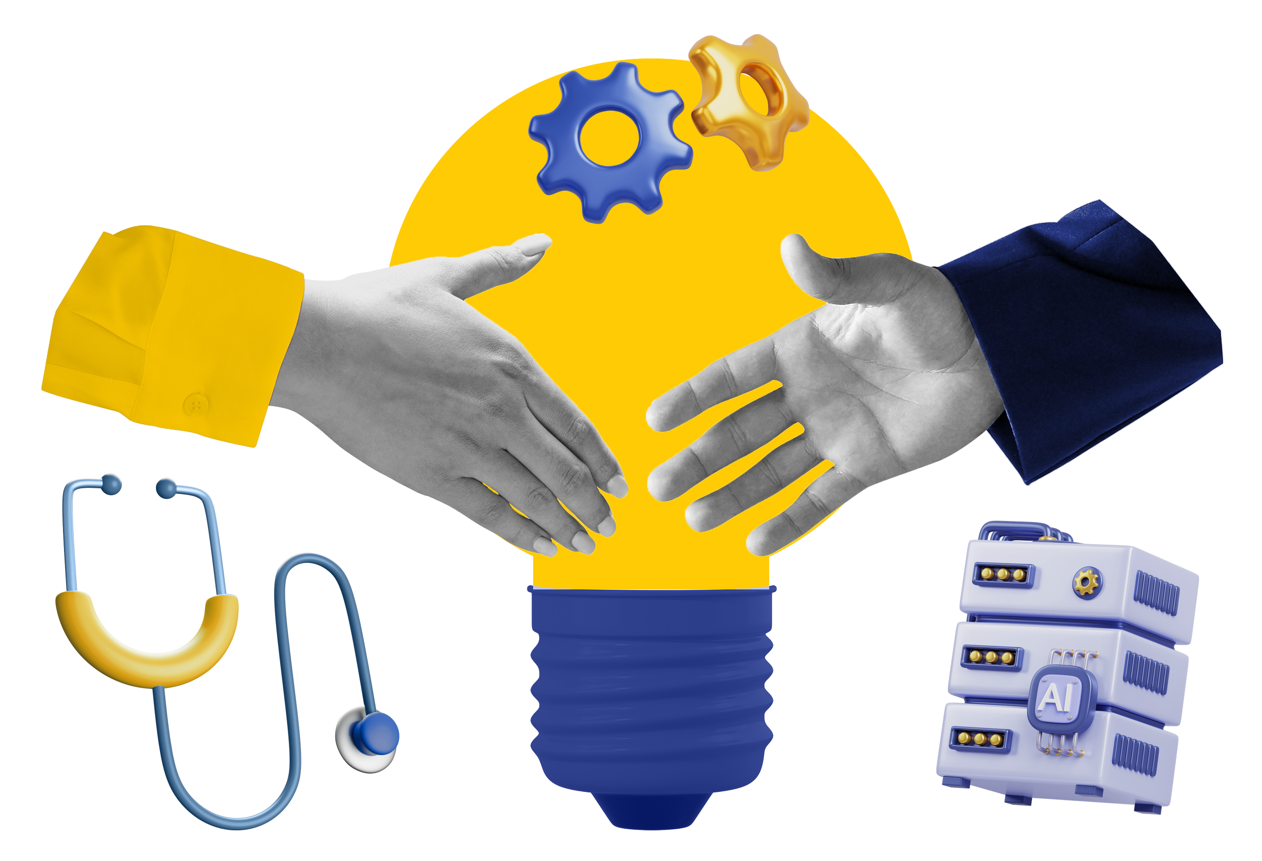 A digital illustration showing two hands exchanging a blue and yellow gear, a brain, and a light bulb with a yellow background. Various technology symbols and AI-related equipment are around the hands.