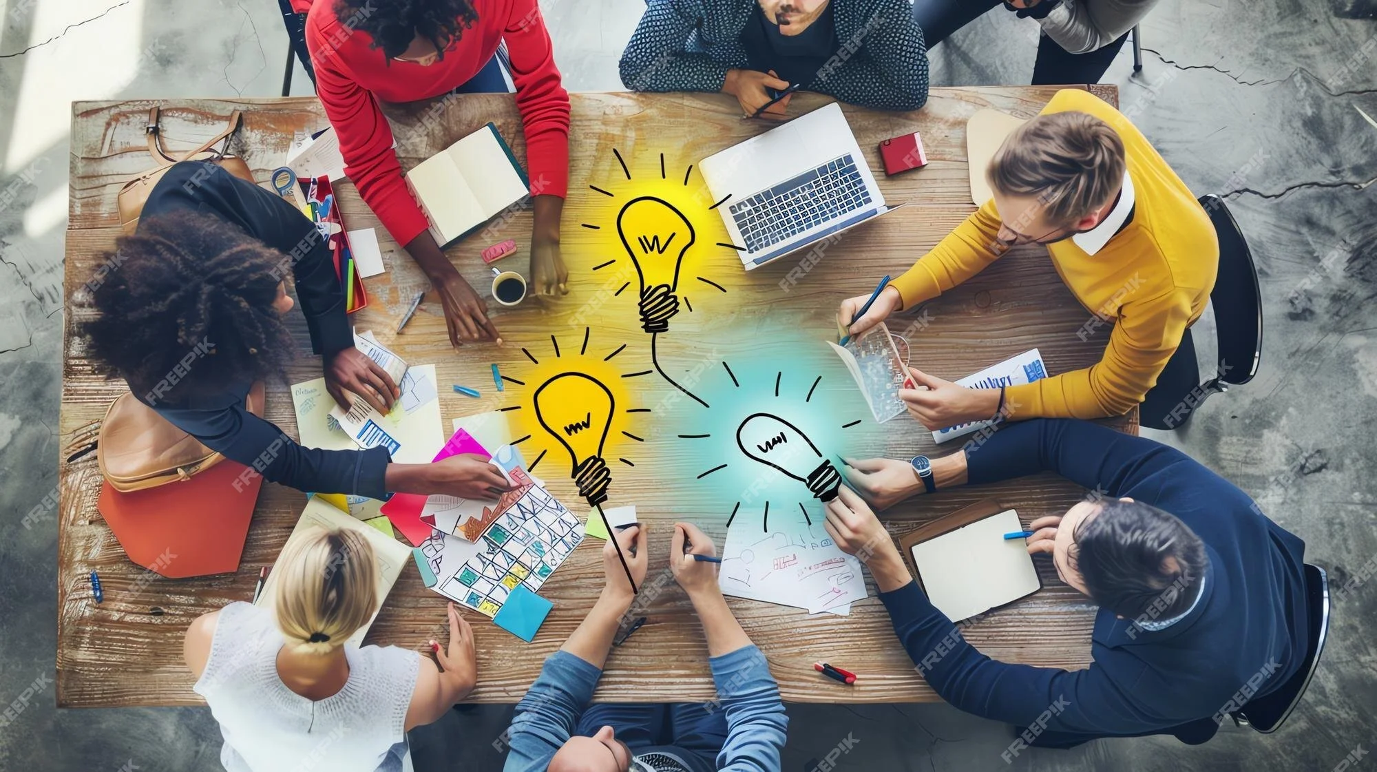 Diverse group of community members  coming up with ideas for AI health research