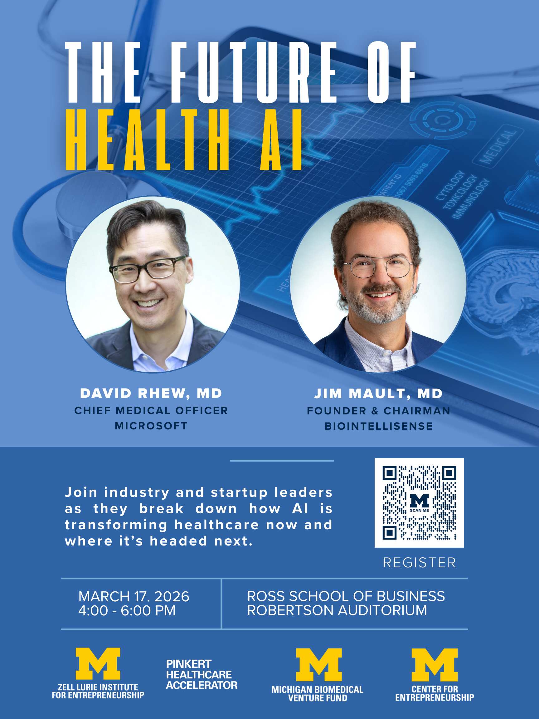 Promotional flyer for "The Future of Health AI." The flyer shows photos of keynote speakers Dr. David Rhew, Chief Medical Officer of Microsoft, and Dr. Jim Mault, Founder and Chairman of Biointellisense.