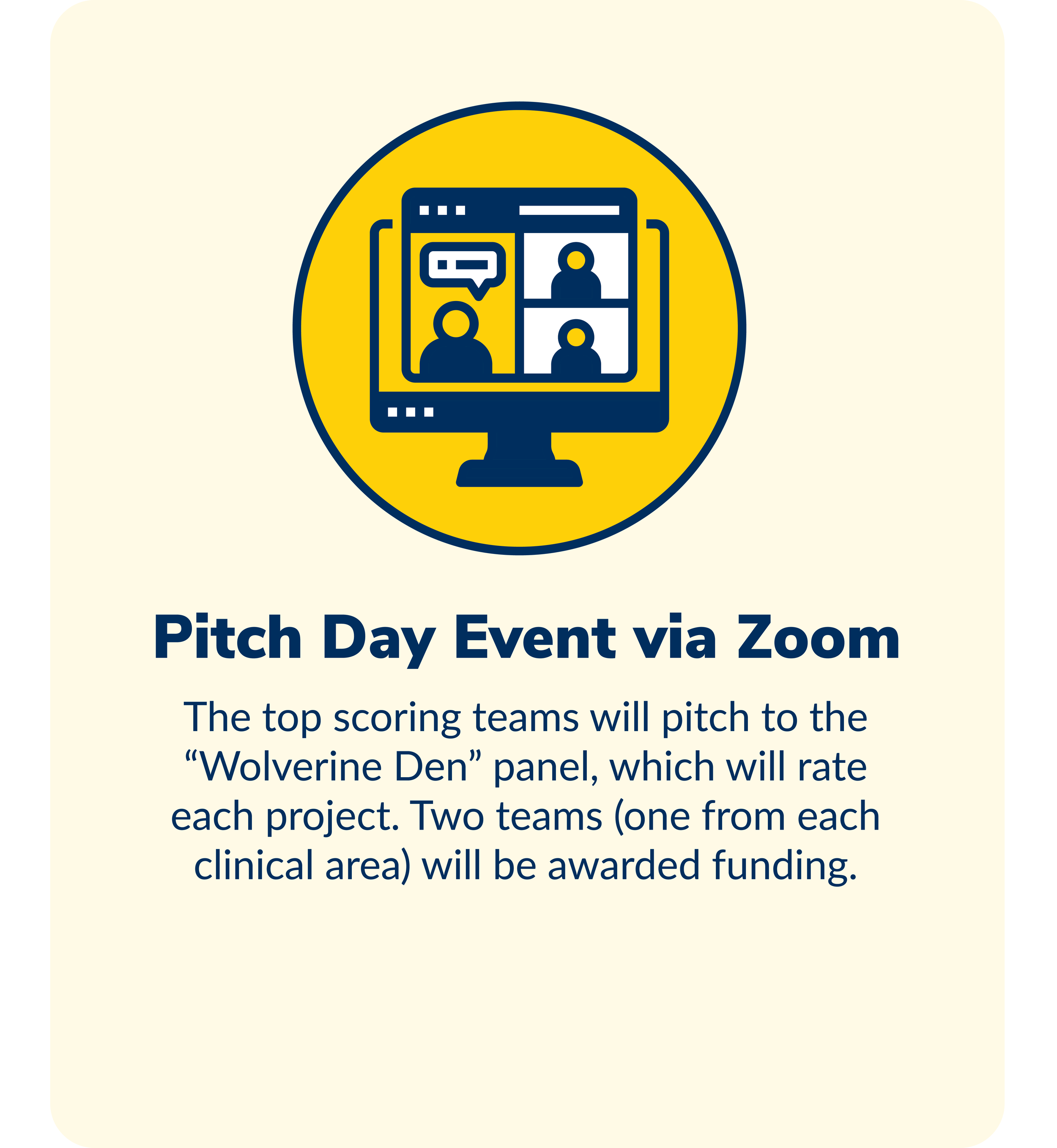Graphic promoting a Pitch Day event via Zoom with an illustration of a computer screen showing a virtual meeting with three participants and a chat bubble.