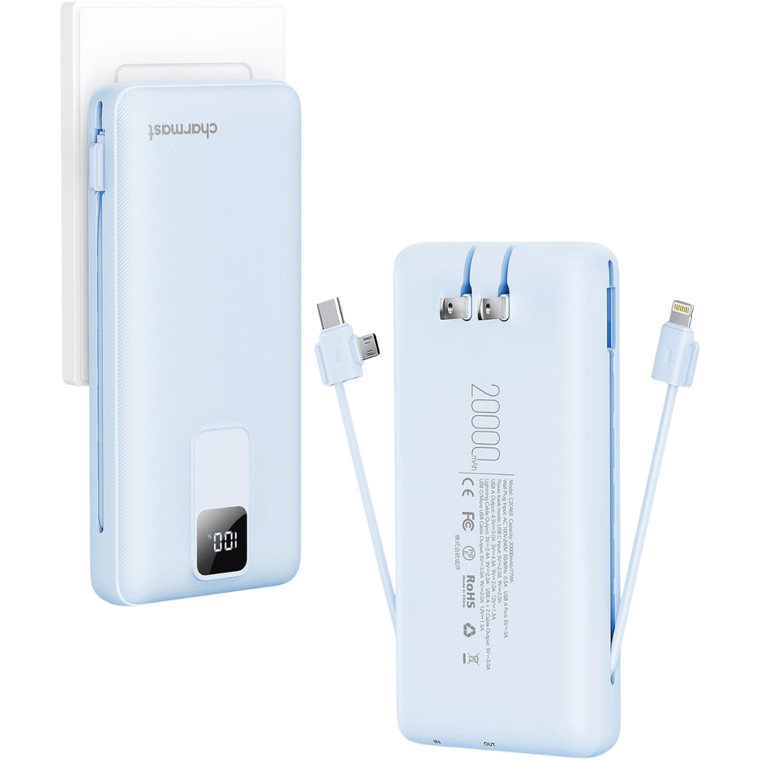 Portable blue power bank with digital display and attached USB and charging cables.